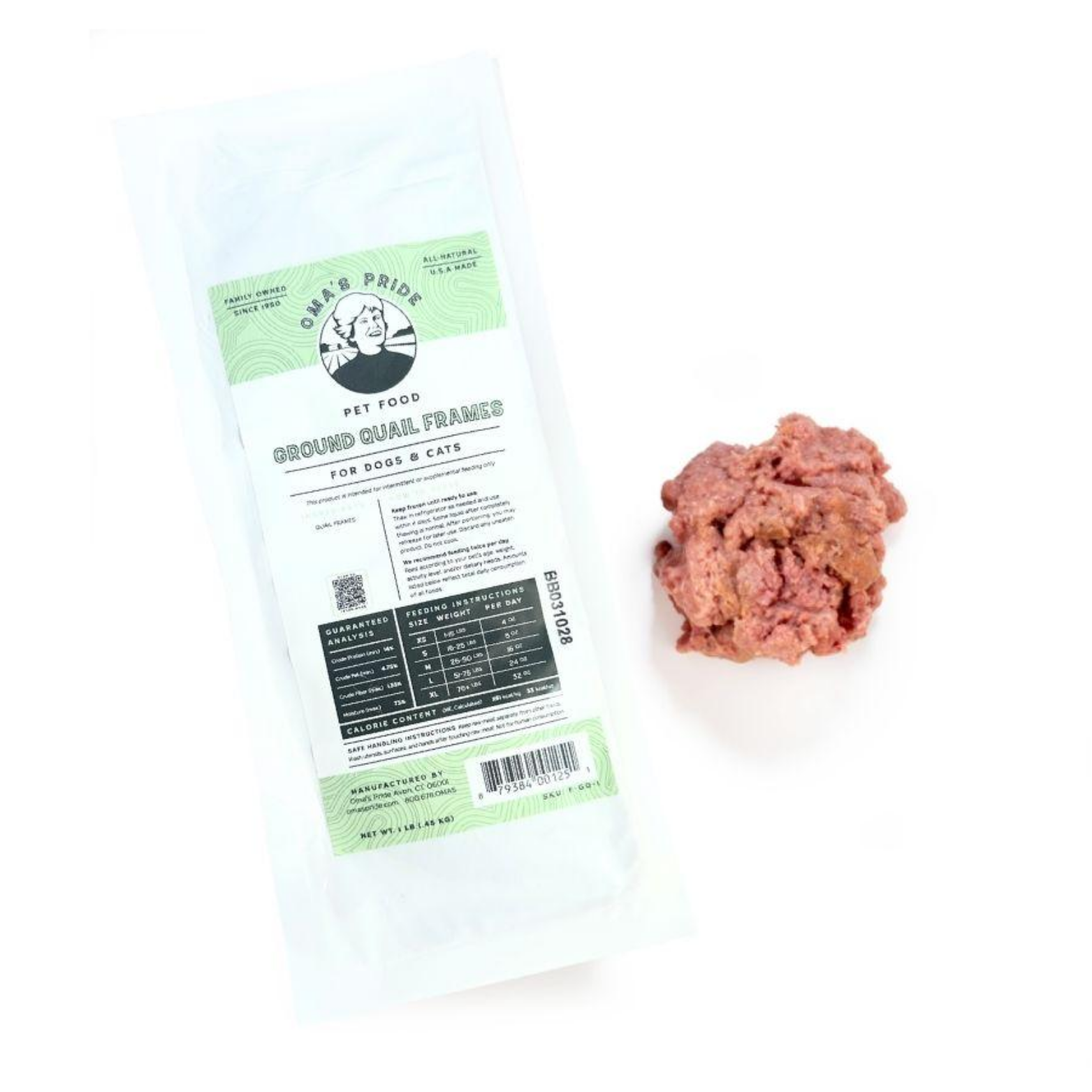 Sealed white package of Oma’s Pride Ground Quail Frames pet food placed on a white background next to a portion of pink ground raw meat.
