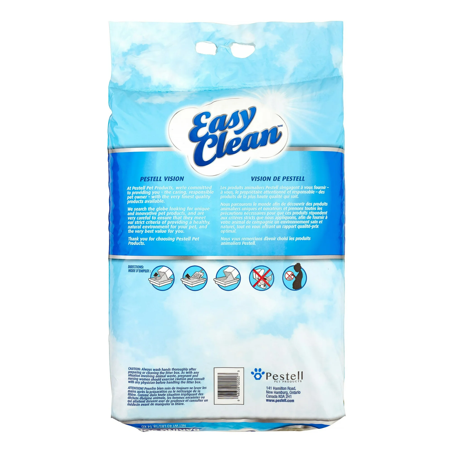 Back of a large blue “Easy Clean” pet product bag showing the Pestell vision statement in English and French, usage icons, safety cautions, a barcode, and Pestell Pet Products contact information, with snowflake graphics and a photo of a yellow Labrador near the bottom.