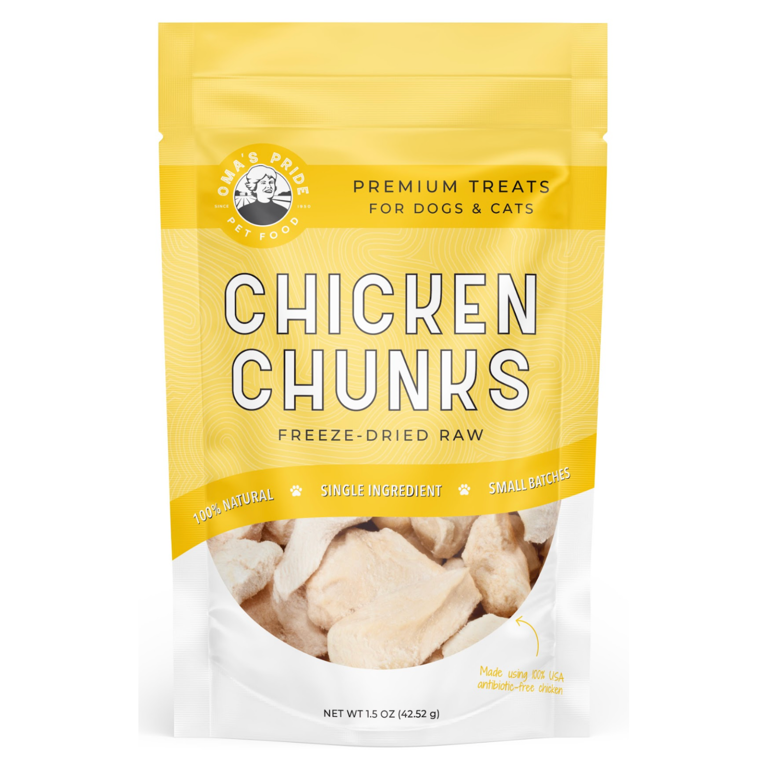 Yellow and white resealable pouch labeled “Oma’s Pride Pet Food Chicken Chunks Freeze-Dried Raw,” featuring a clear window showing freeze-dried chicken pieces inside; marked 100% natural, single ingredient, small batches, and net weight 1.5 oz.