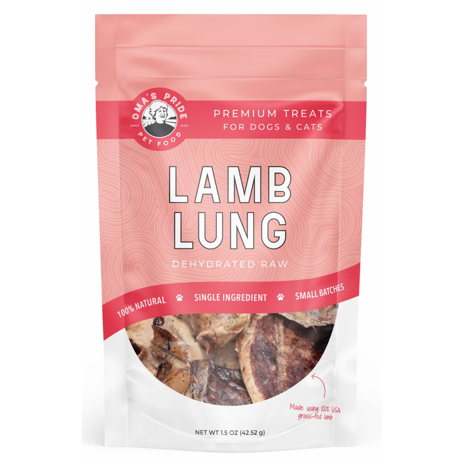 Pink and white resealable pouch labeled “Oma’s Pride Pet Food Lamb Lung Dehydrated Raw,” featuring a clear window showing sliced lamb lung treats inside; marked 100% natural, single ingredient, small batches, and net weight 1.5 oz.