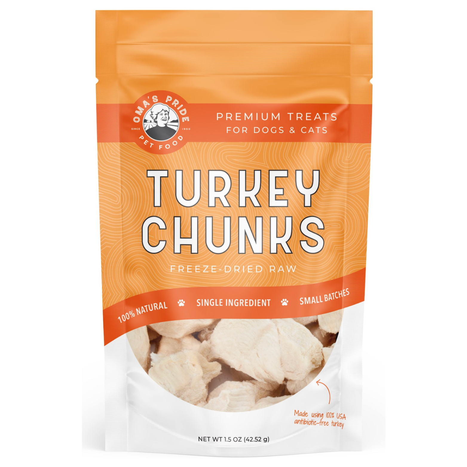 Resealable orange and white pouch labeled “Oma’s Pride Pet Food Turkey Chunks,” featuring freeze-dried raw turkey treats visible through a clear window; marked as 100% natural, single-ingredient, small-batch treats for dogs and cats with a net weight of 1.5 oz.