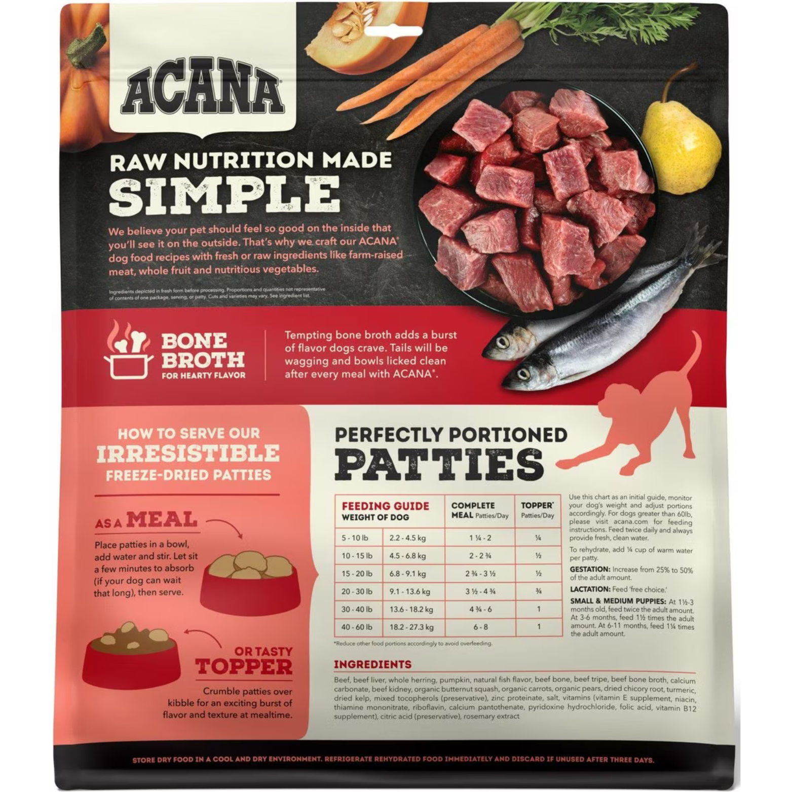 Back of ACANA Freeze-Dried Patties Beef Recipe bag showing raw beef cubes, whole fish, carrots, squash, and pear, with text describing raw nutrition, bone broth flavor, serving instructions for meal or topper, a feeding guide chart for patties per day, and an ingredients list.