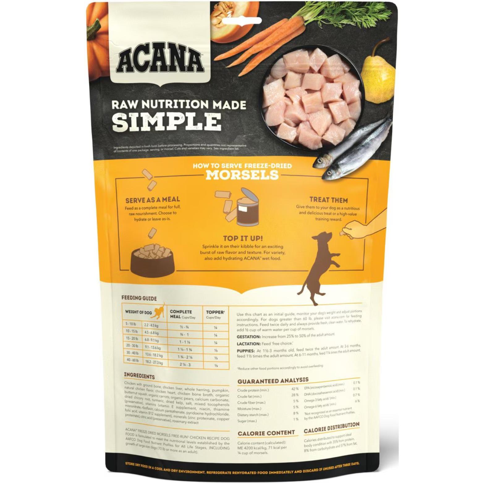 Back of ACANA Freeze-Dried Morsels Free-Run Chicken Recipe bag showing feeding guide, ingredient list, guaranteed analysis, calorie content, and illustrations demonstrating how to serve the morsels as a meal, topper, or treat.