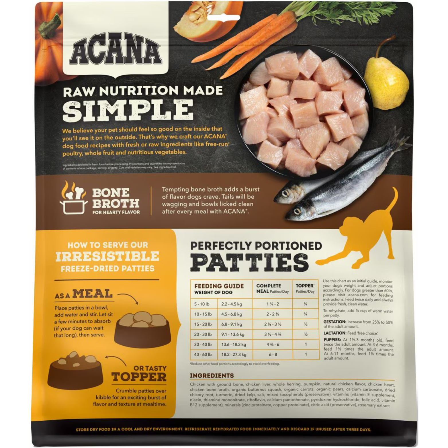 Back of ACANA Freeze-Dried Patties Free-Run Chicken Recipe bag showing raw nutrition messaging, a bowl of cubed raw chicken and herring, bone broth icon, illustrated instructions for serving as a meal or topper, and a feeding guide for patty portions by dog weight.