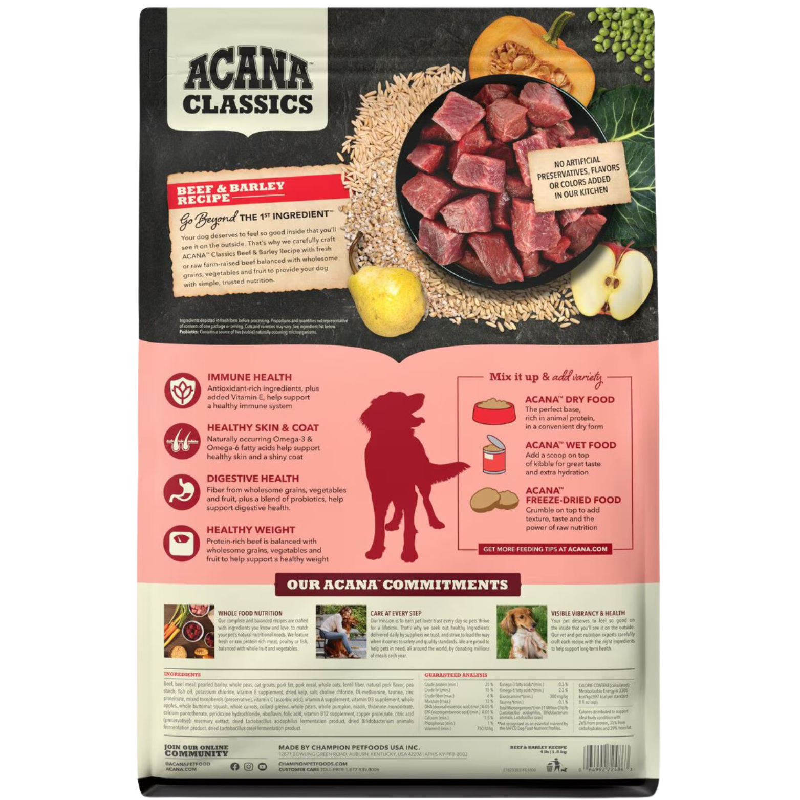 Back of ACANA Classics Beef & Barley Recipe dry dog food bag showing ingredient imagery, nutrition benefits, feeding suggestions, and product information.