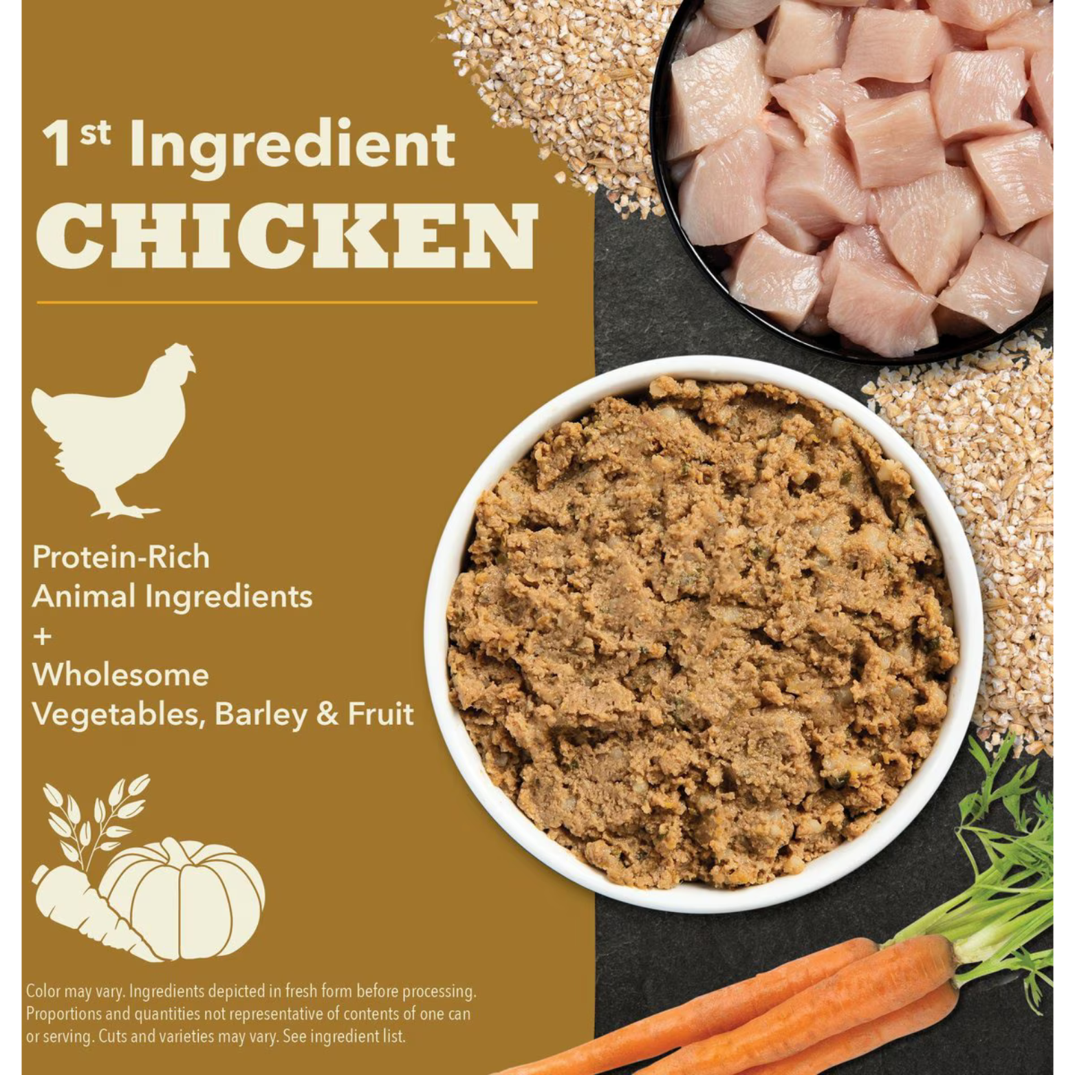 Promotional graphic stating “1st Ingredient: Chicken,” with images of raw chicken pieces, a bowl of chicken pâté dog food, grains, and vegetables on a gold background.