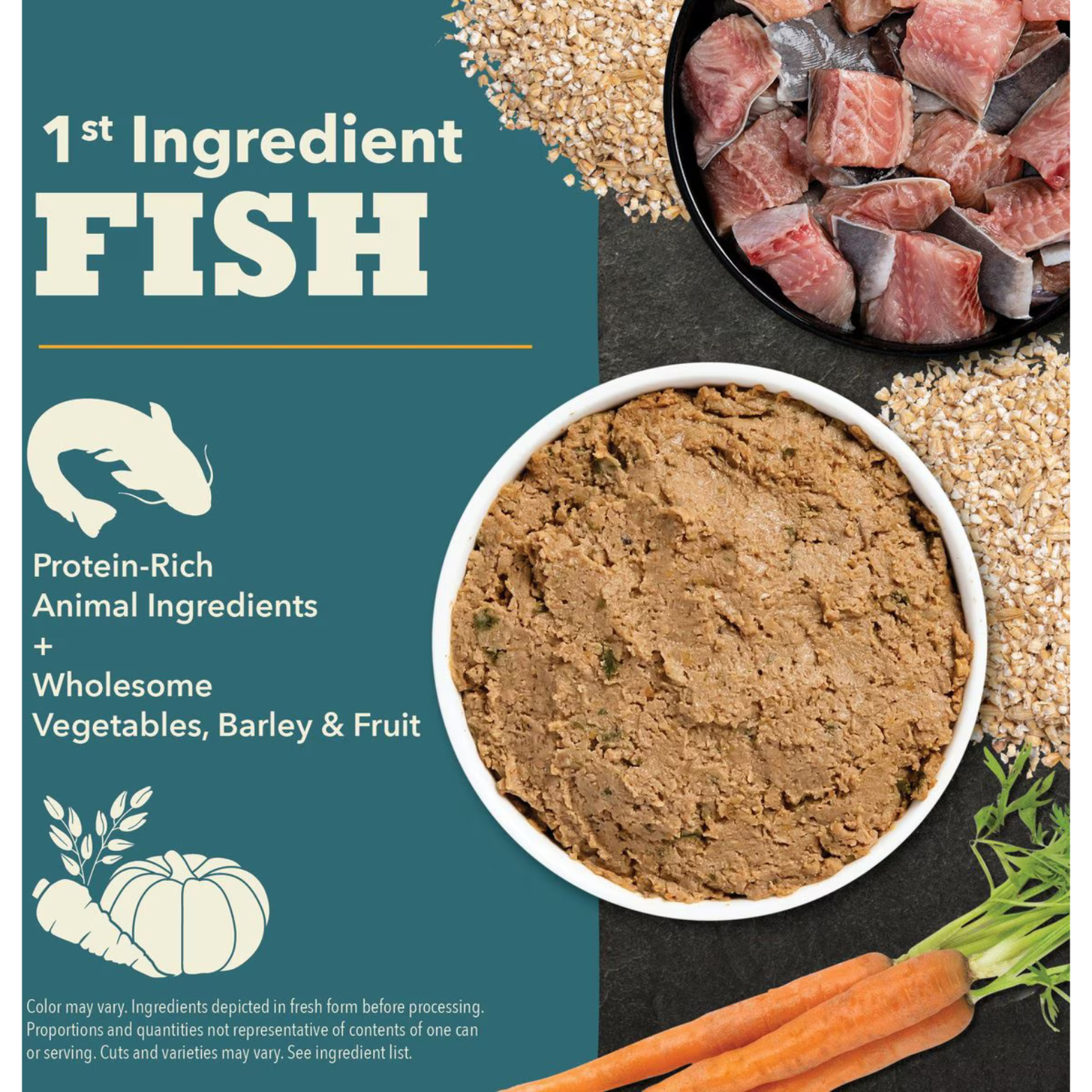 Promotional graphic highlighting “1st Ingredient: Fish,” with images of fish pieces, a bowl of fish pâté dog food, grains, and vegetables on a teal background.