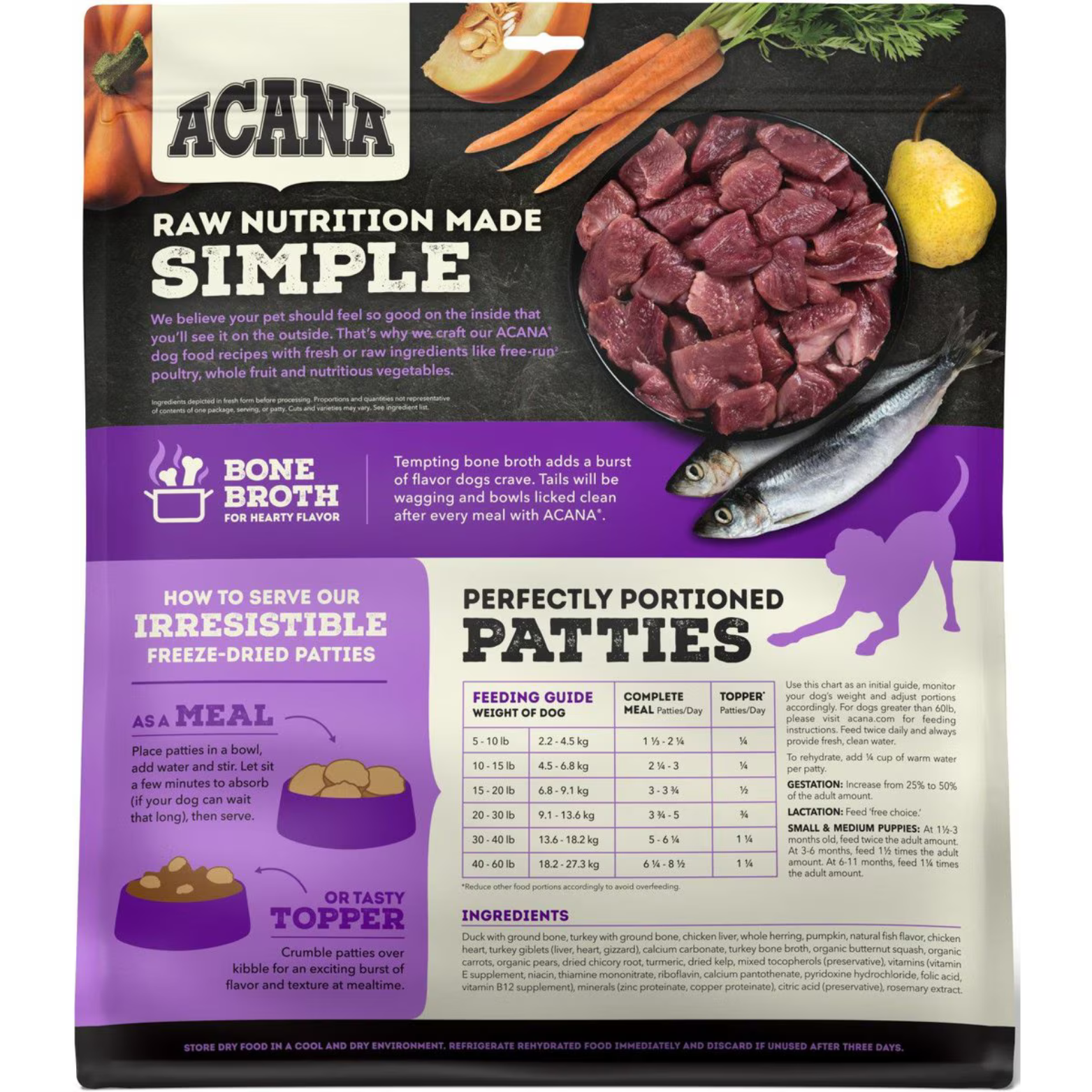 Back of ACANA Freeze-Dried Patties Free-Run Duck Recipe bag showing raw meat, fish, vegetables, feeding guide chart, and instructions for serving as a meal or topper.