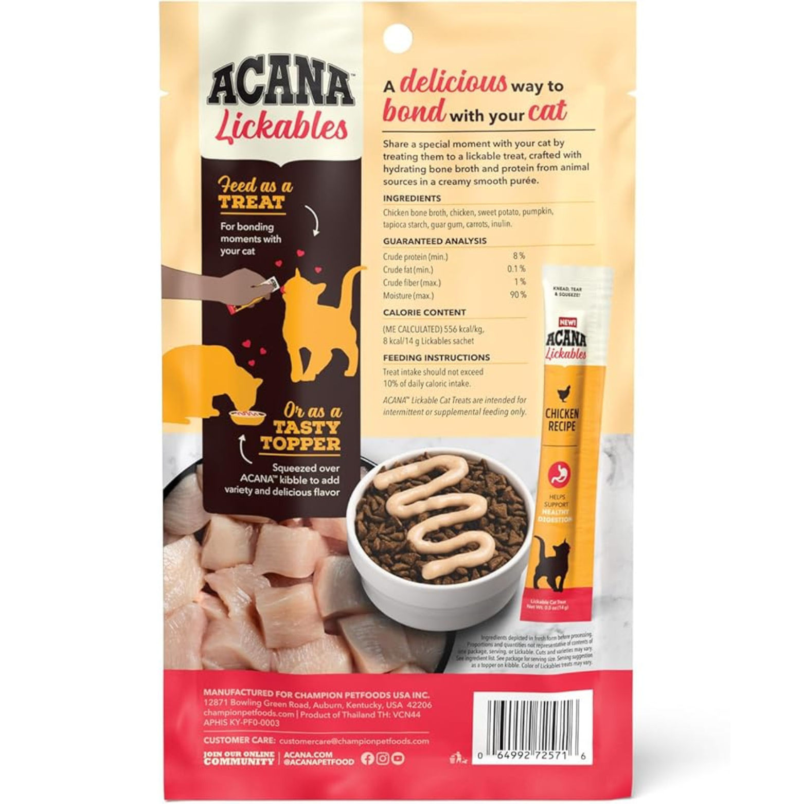 Back of ACANA Lickables Chicken Recipe package describing use as a treat or topper, bonding with cats, ingredients, guaranteed analysis, calorie content, feeding instructions, a sachet image, and a bowl of kibble topped with lickable treat.