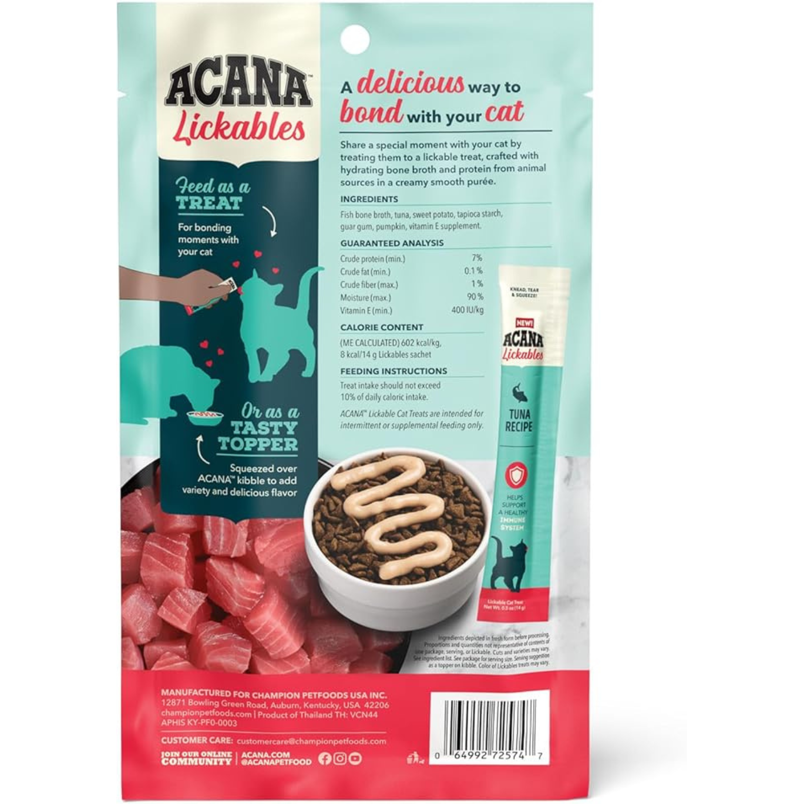 Back of ACANA Lickables Tuna Recipe package describing the product as a treat or topper, with text explaining bonding moments with cats, ingredient list, guaranteed analysis, calorie content, and feeding instructions.