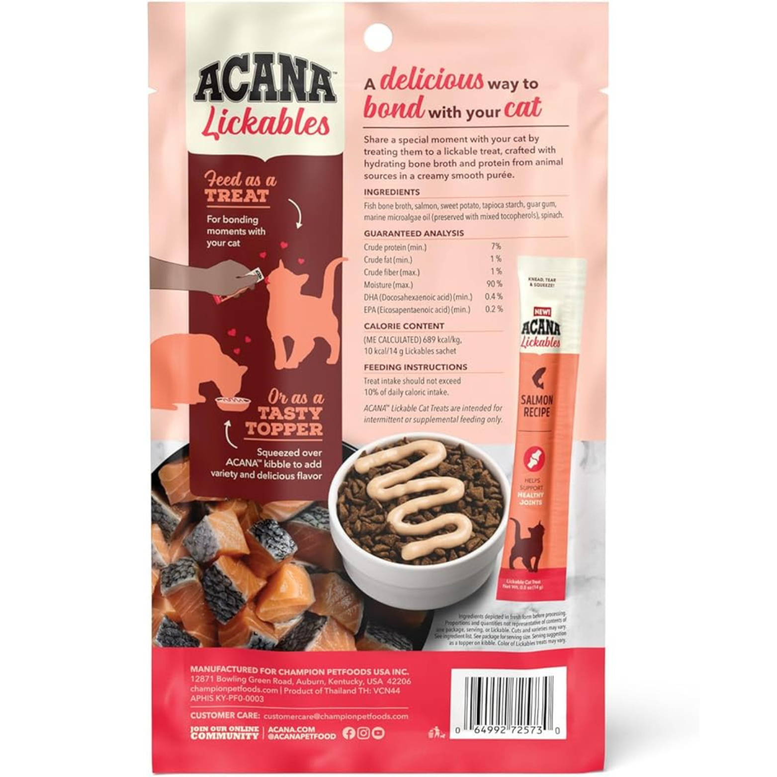 Back of ACANA Lickables Salmon Recipe package showing branding, feeding instructions, ingredients, guaranteed analysis, a sachet image, a bowl of kibble topped with treat, and raw salmon pieces.