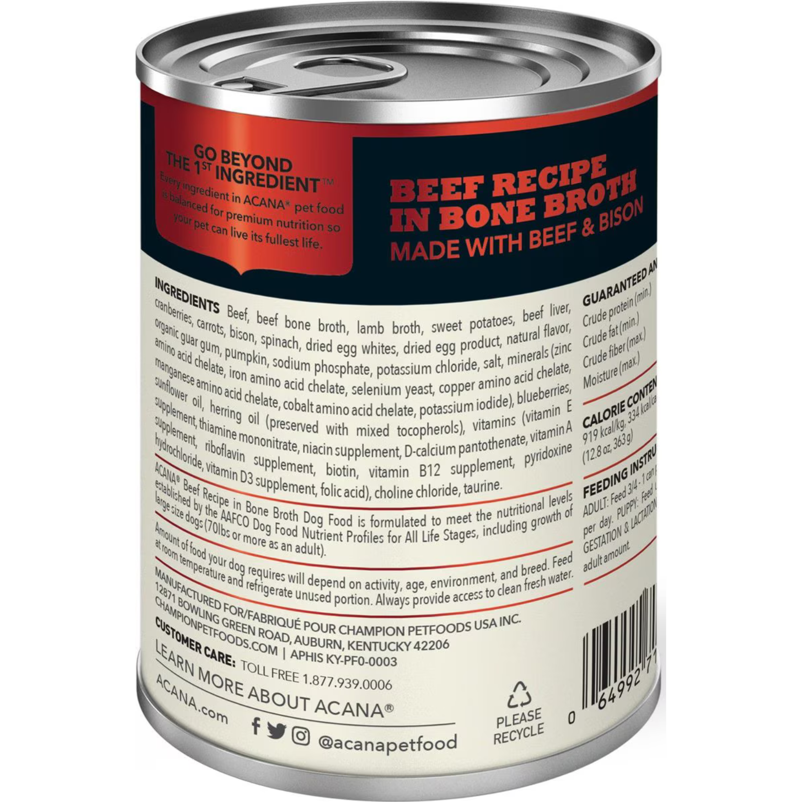 The side of the ACANA canned dog food, showing the Beef Recipe in Bone Broth Made with Beef & Bison. It lists the Ingredients (starting with beef, beef bone broth, lamb broth) and the Guaranteed Analysis, which includes Crude protein (min.) and Moisture (max.). The can is 12.8 oz (363g) and is suitable for All Life Stages.