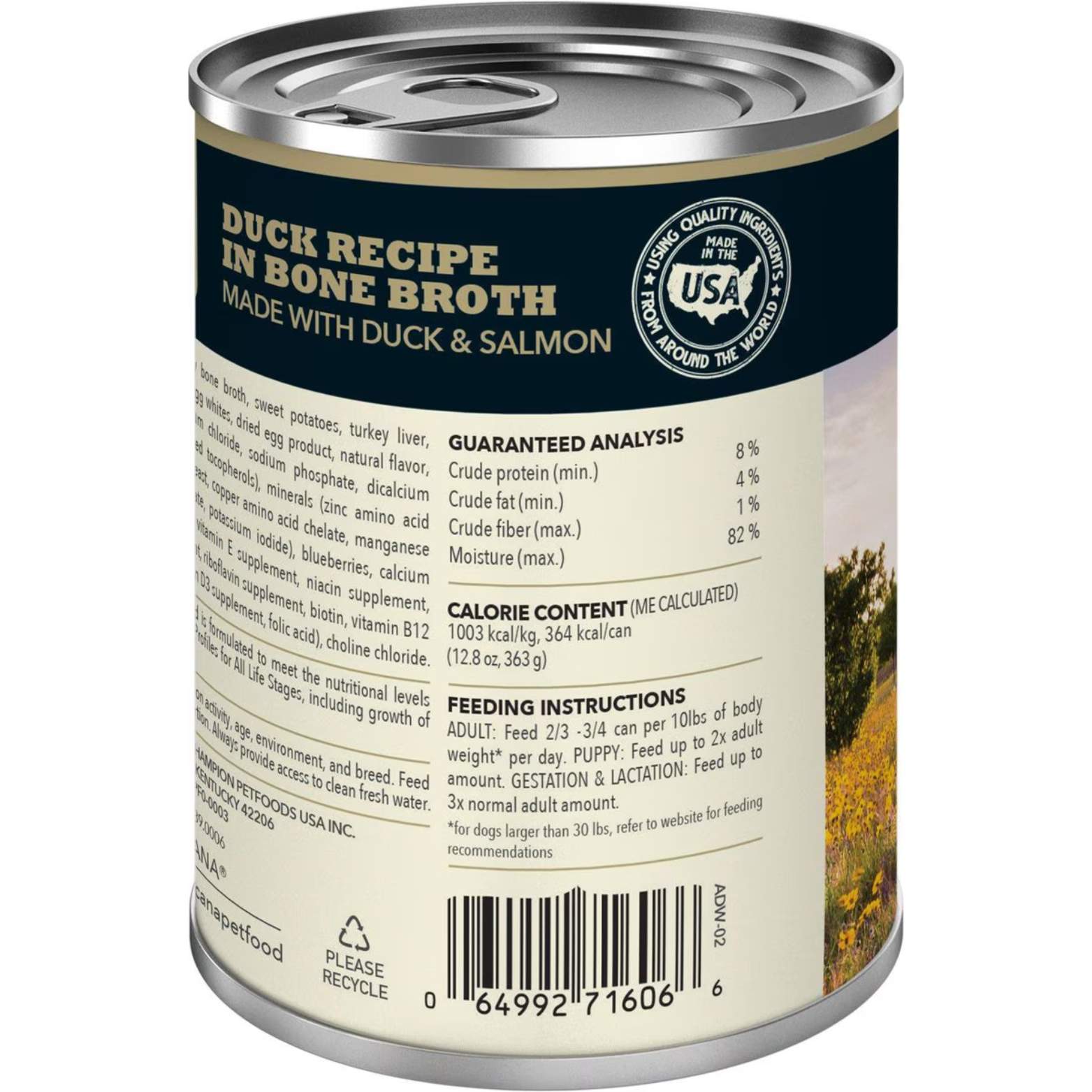 The side panel of the ACANA canned dog food, showing the Duck Recipe in Bone Broth Made with Duck & Salmon. It lists the Guaranteed Analysis (Crude protein min. 8%, Crude fat min. 4%, Crude fiber max. 1%, Moisture max. 82%) and the Calorie Content (364 kcal/can). Feeding Instructions are also visible.