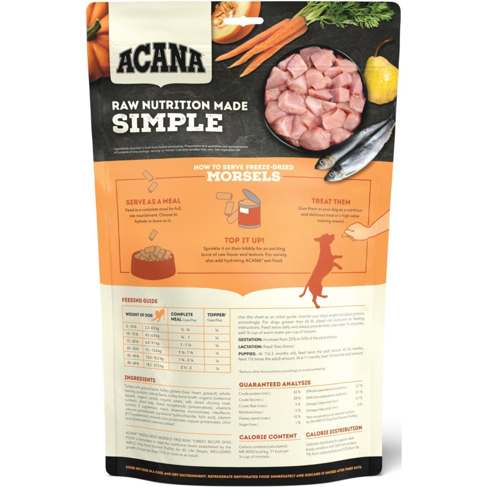 Back of ACANA Free-Run Turkey Freeze-Dried Morsels packaging showing feeding guide, ingredients list, and guaranteed analysis on a beige and orange background.