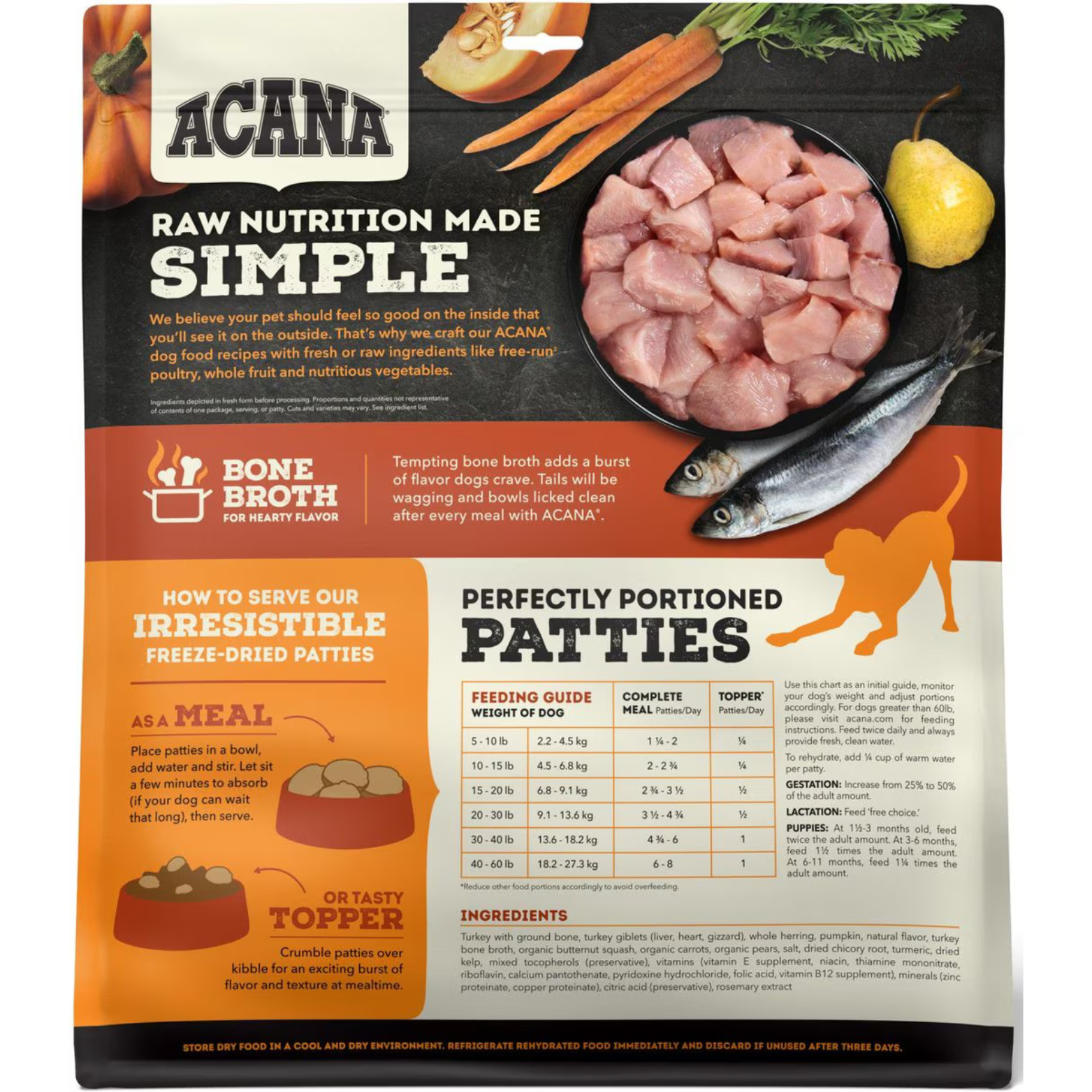 Feeding guide chart for Acana Freeze-Dried Patties showing recommended daily patty amounts for dogs by weight, including complete meal and topper portions.