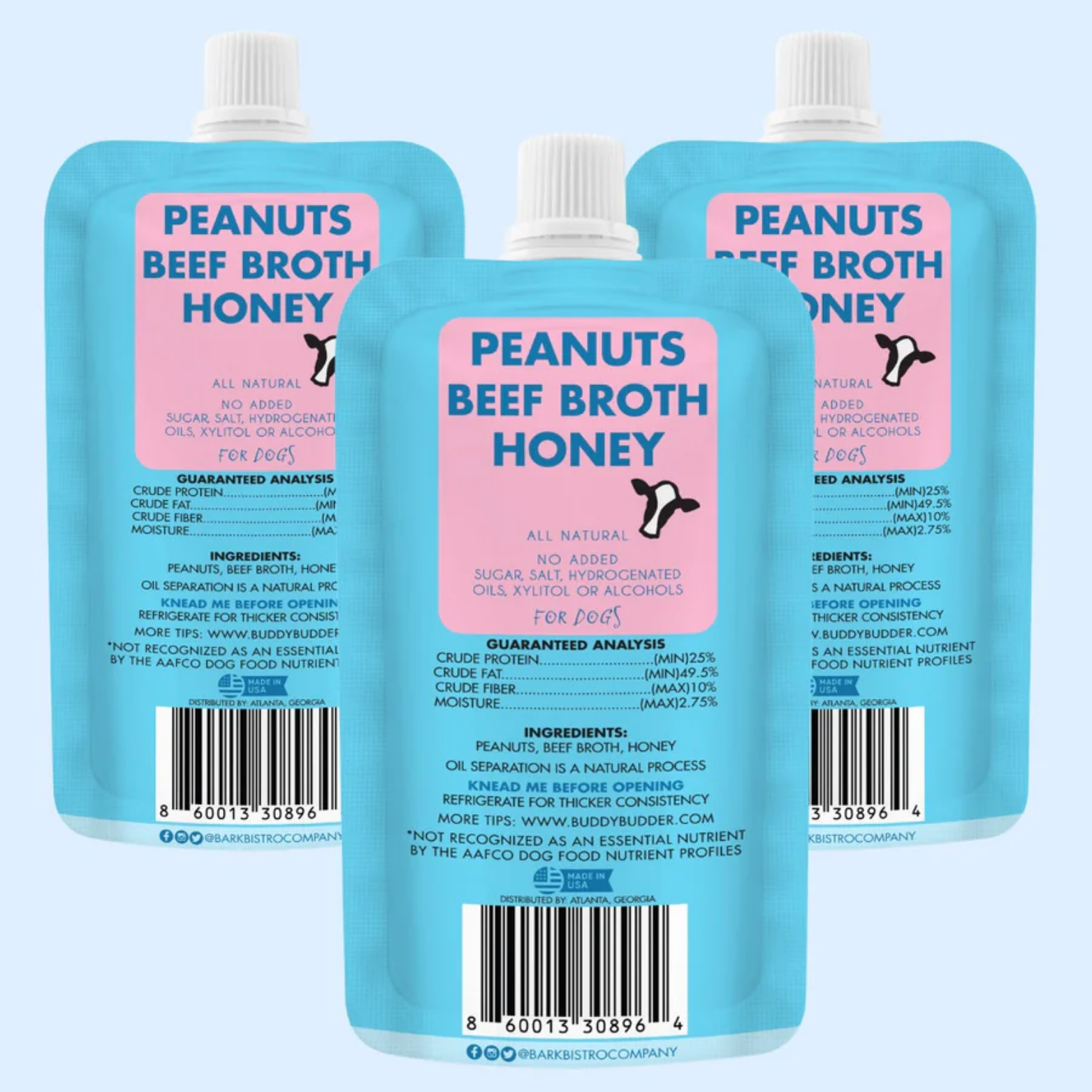 Bark Bistro Beef Broth Budder Dog Peanut Butter Squeeze Packs 4oz Single