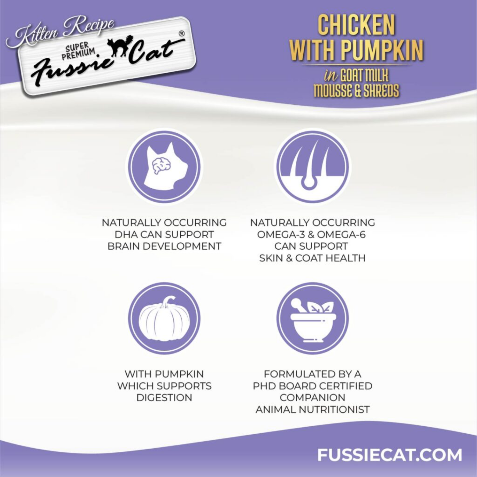 Fussie Cat Kitten Chicken with Pumpkin in Goat Milk Mousse & Shreds Canned Food, 2.47-oz