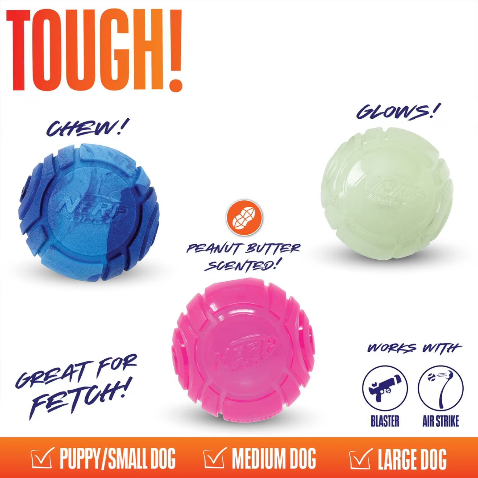 Nerf Dog Gift Set TPR Lightning Glow,TPR Peanut Butter Scented, & Solid Foam Sonic Ball , 2.5-in, 3 count