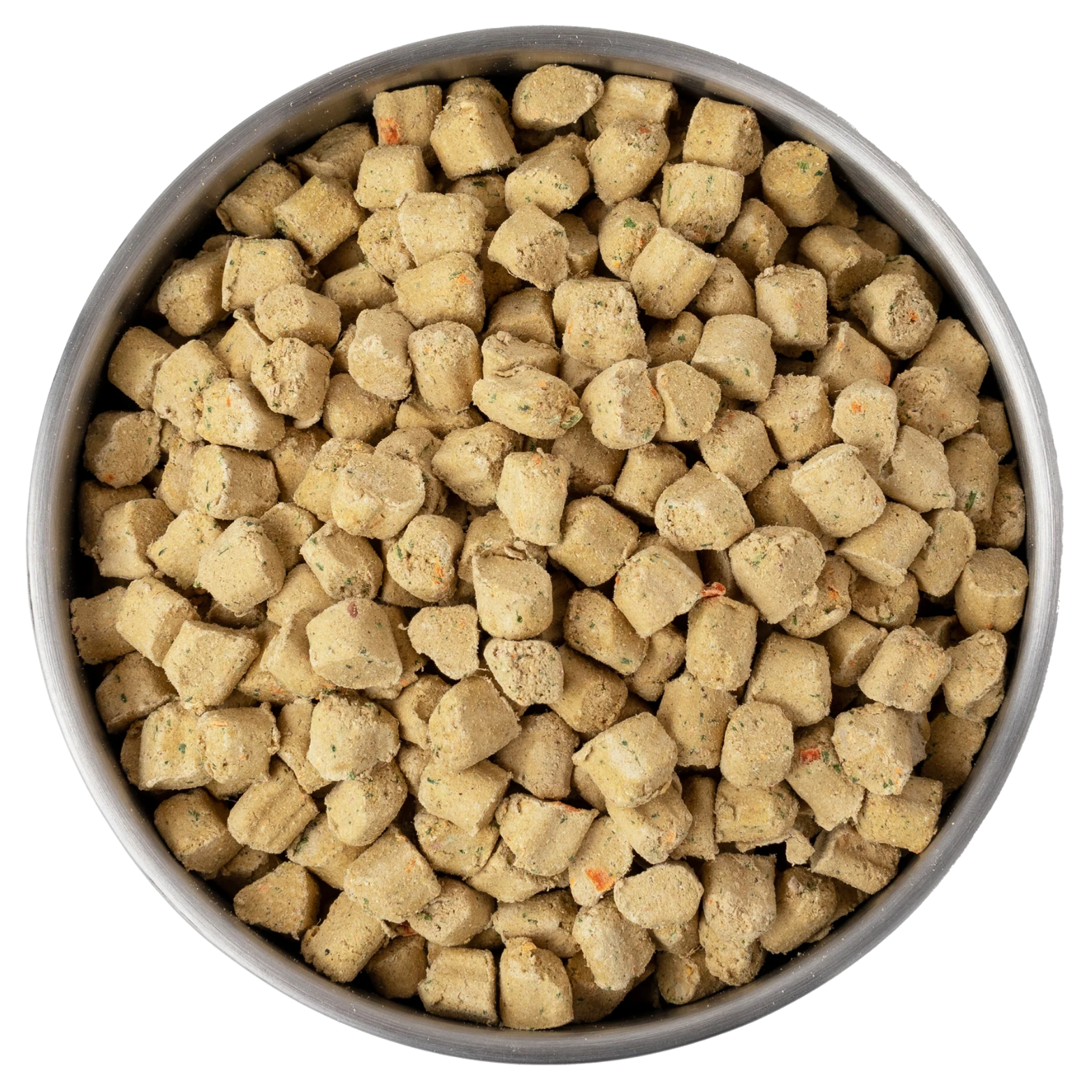 Top-down close-up of a stainless steel pet bowl filled with small, cube-shaped freeze-dried dog food pieces. The kibble pieces are light tan with small visible flecks of ingredients.
