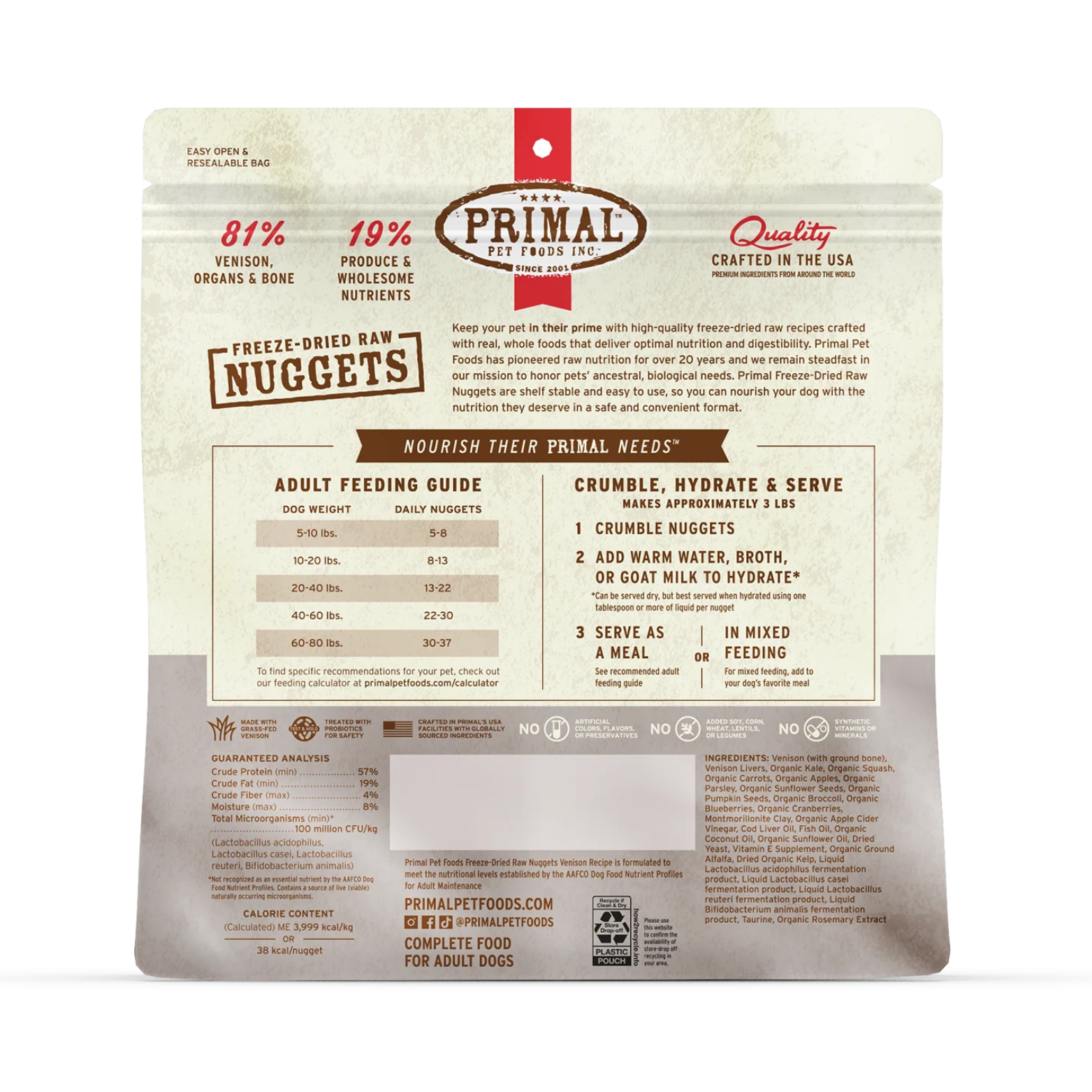 Back of Primal venison freeze-dried nuggets dog food bag showing feeding guide by dog weight, hydration instructions, ingredient list, guaranteed analysis, and nutritional information panels.
