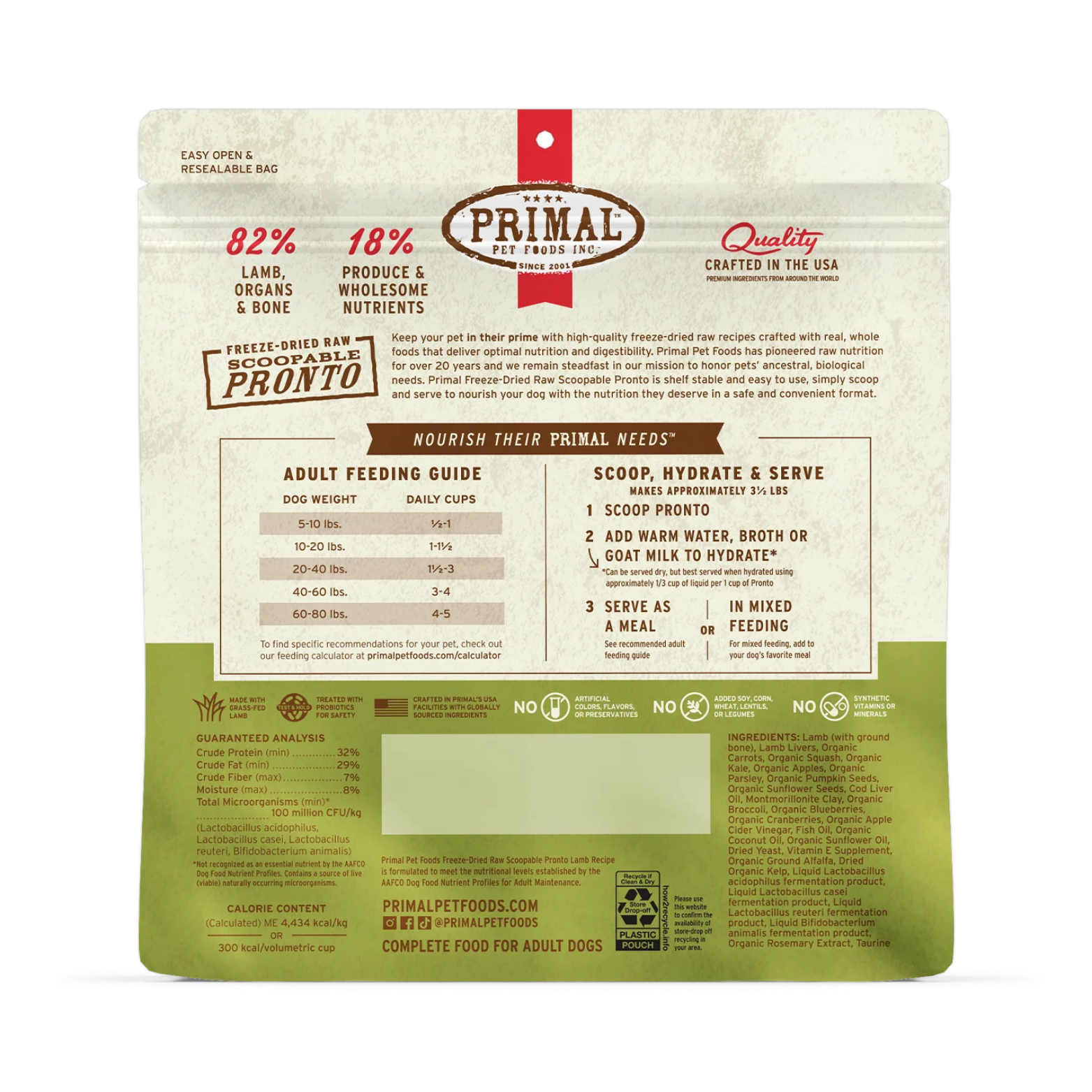 Back of the Primal Freeze-Dried Raw Scoopable Pronto Lamb Recipe dog food bag showing product information. The top states 82% lamb, organs, and bone with 18% produce and wholesome nutrients. Sections include an adult feeding guide by dog weight, scoop-hydrate-serve preparation instructions, guaranteed analysis, calorie content, and a detailed ingredient list. Icons indicate no artificial colors, flavors, preservatives, grains, or synthetic vitamins and minerals.