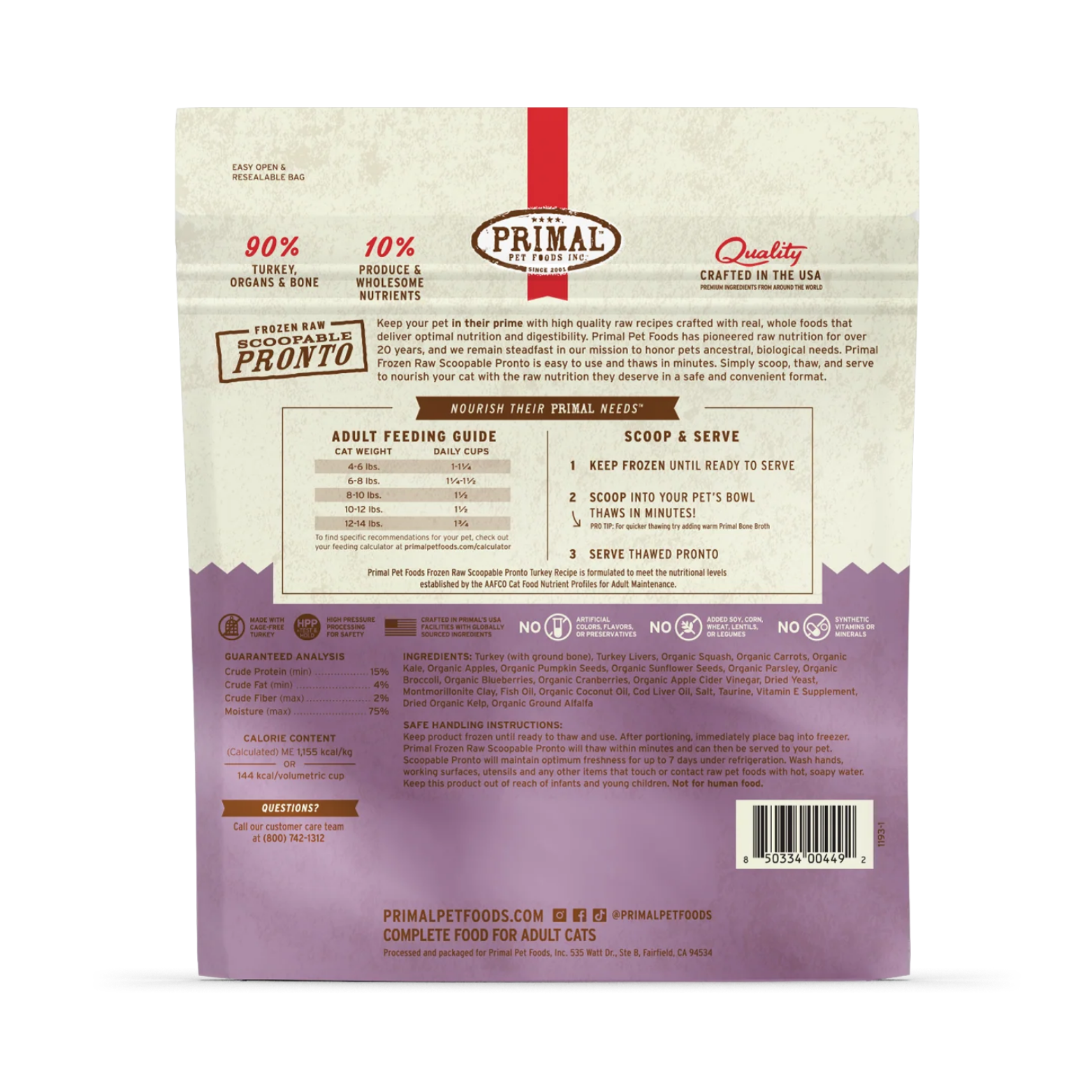Back of the Primal Frozen Raw Scoopable Pronto Turkey Recipe cat food bag with feeding instructions and product information. Sections include adult feeding guide by cat weight, scoop-and-serve directions, guaranteed analysis, ingredient list, calorie content, and safe handling instructions. Icons emphasize no artificial preservatives, no synthetic vitamins or minerals, and high-pressure processing for safety.