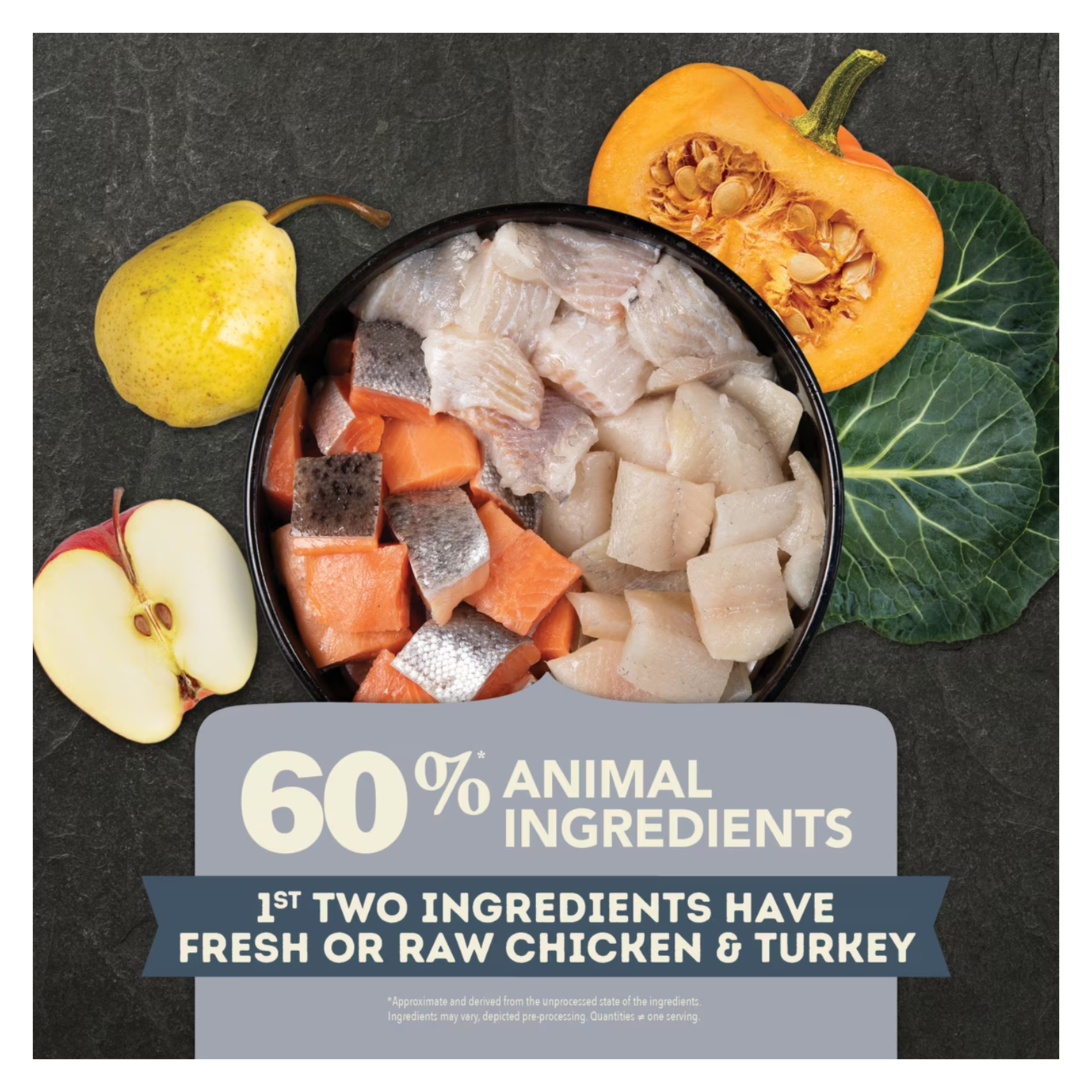 Overhead view of a black bowl filled with raw fish chunks in different colors, surrounded by a pear, apple slice, leafy greens, and a halved pumpkin on a dark surface. Text states “60% animal ingredients” and notes fresh or raw chicken and turkey as the first two ingredients.