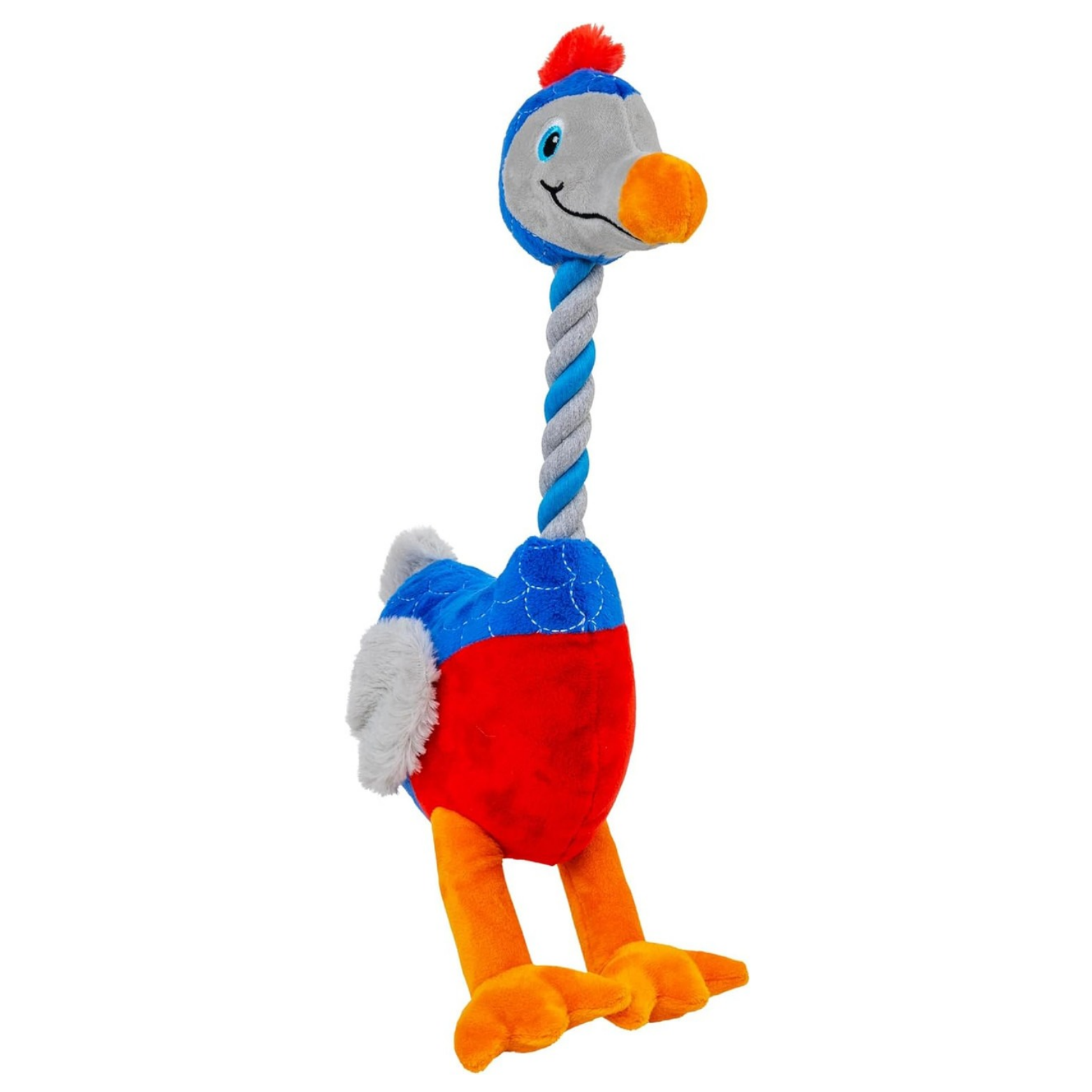 Plush bird dog toy with a gray and blue head, orange beak, and red tuft on top, featuring a twisted blue-and-gray rope neck, a red and blue stitched body, gray plush wings, and orange legs and feet, shown upright on a white background.