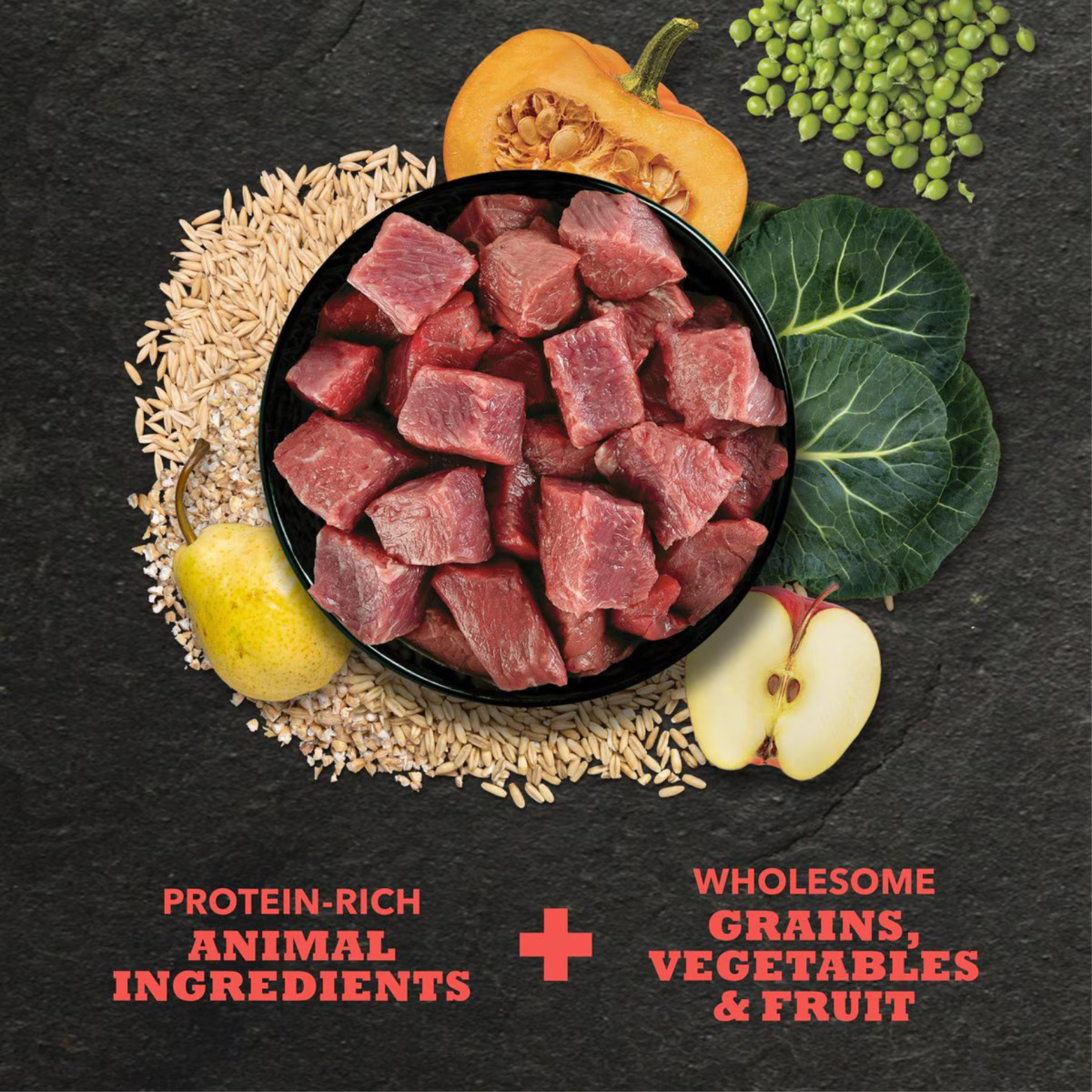 Bowl of raw beef cubes surrounded by grains, vegetables, and fruit, with text highlighting protein-rich animal ingredients plus wholesome grains, vegetables, and fruit.