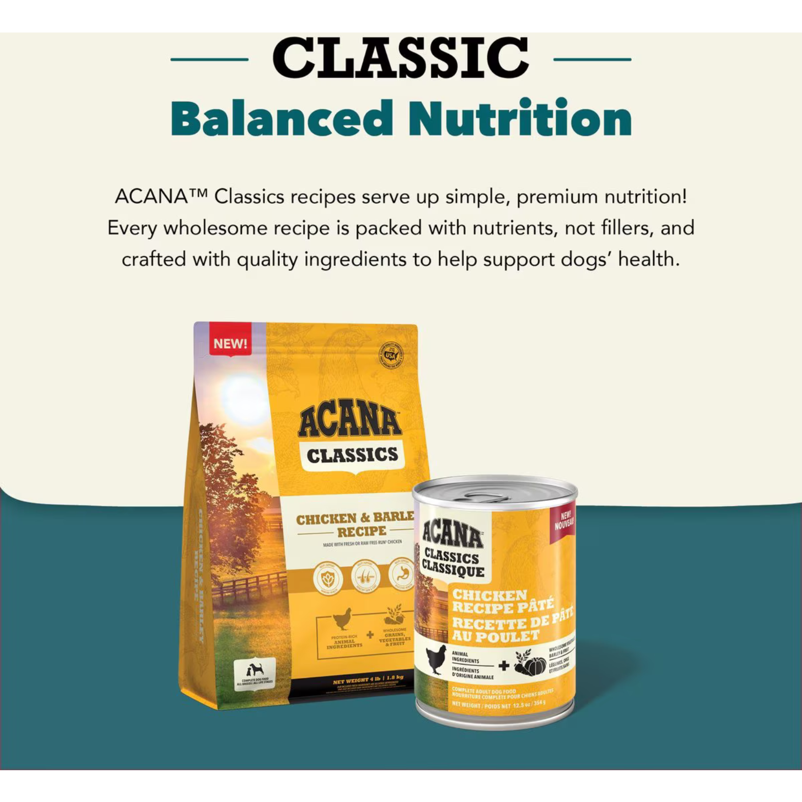 ACANA Classics Chicken & Barley dry dog food bag and Chicken Recipe Pâté wet dog food can displayed together under the heading “Classic Balanced Nutrition.”