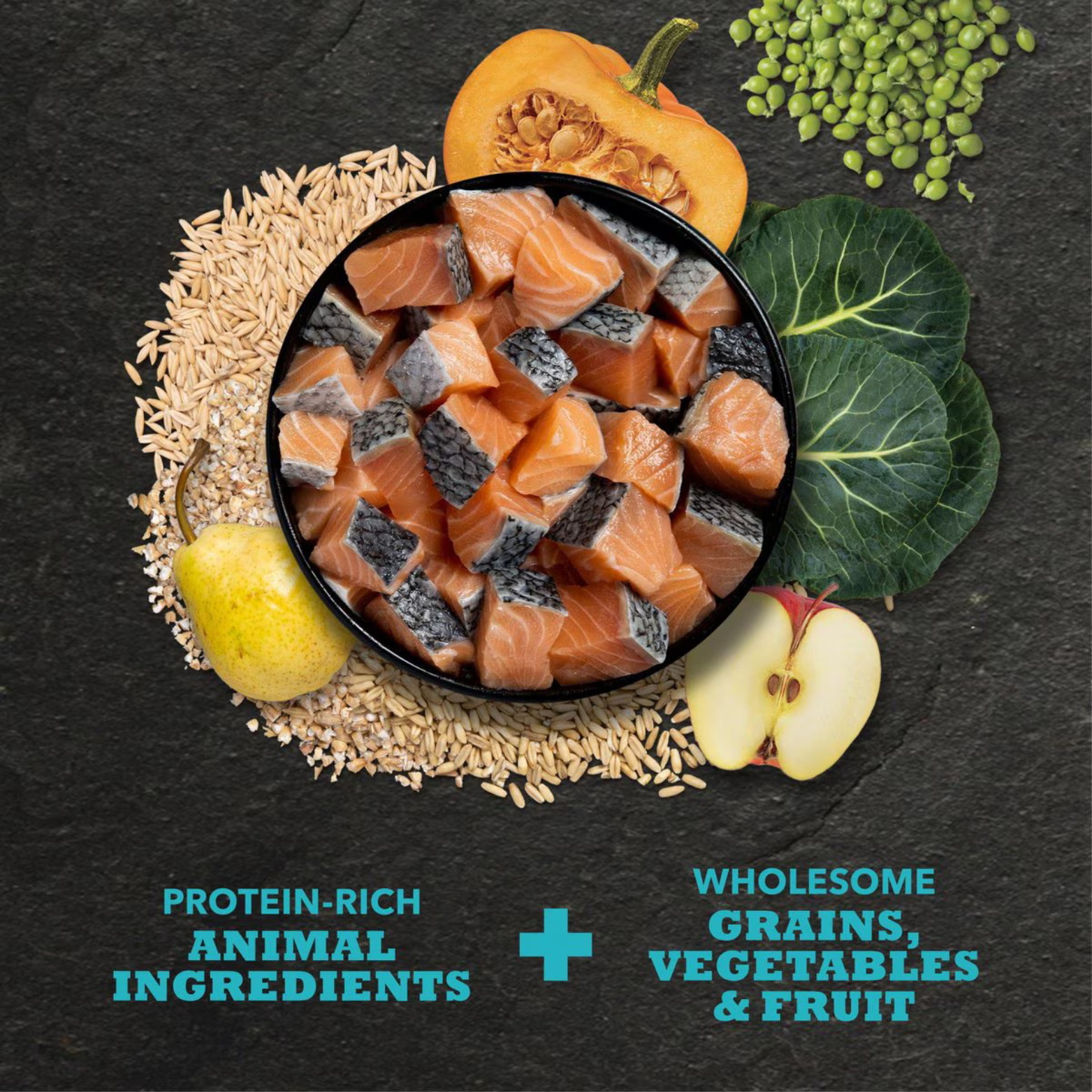 Bowl of raw salmon pieces surrounded by grains, vegetables, and fruit, with text highlighting protein-rich animal ingredients plus wholesome grains, vegetables, and fruit.