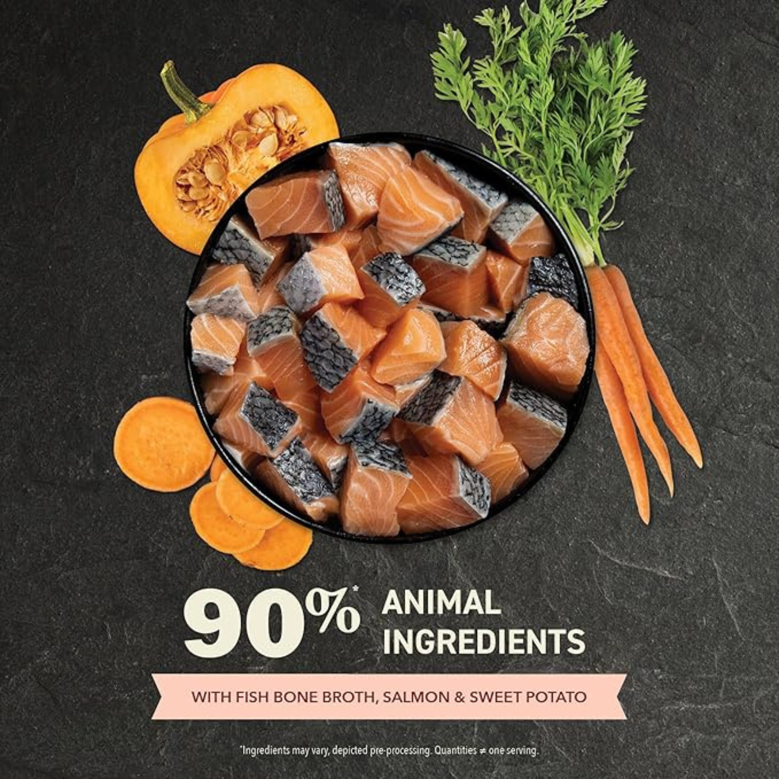 Top-down photo of cubed raw salmon in a black bowl surrounded by sweet potato slices, pumpkin, and carrots, with text reading “90% animal ingredients.”