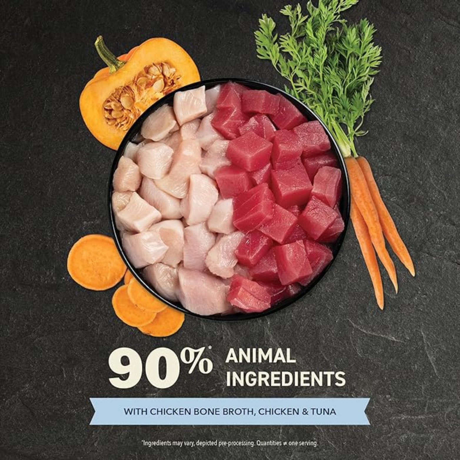 Top-down photo of cubed raw chicken and tuna in a black bowl surrounded by sweet potato slices, pumpkin, and carrots, with text reading “90% animal ingredients.”