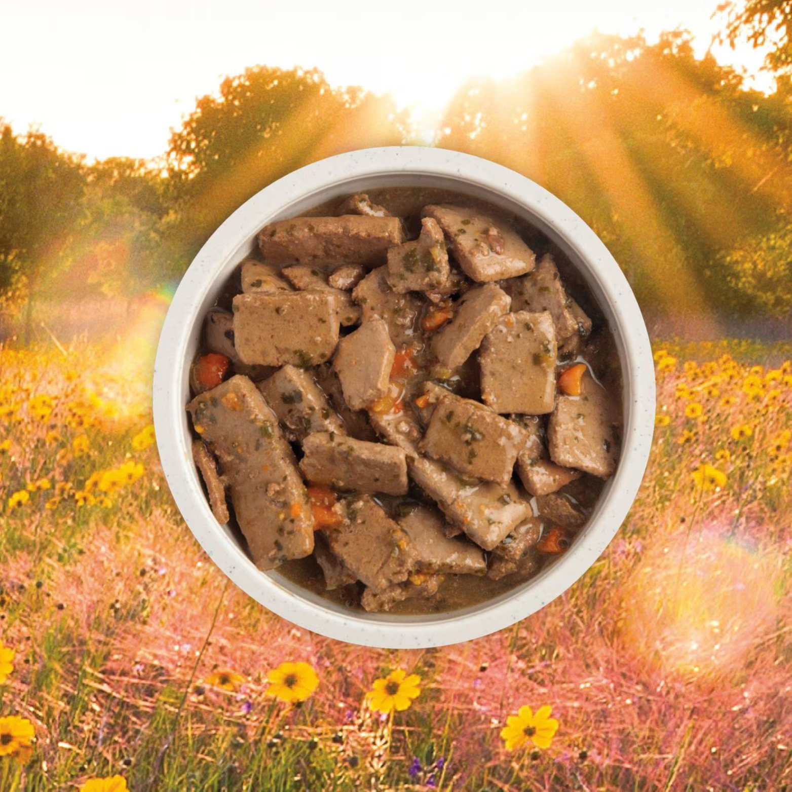 An appealing, close-up overhead shot of large chunks of meat and vegetables in a broth, served in a white bowl. The bowl is positioned in a sunlit field of yellow flowers, highlighting the food's natural ingredients.