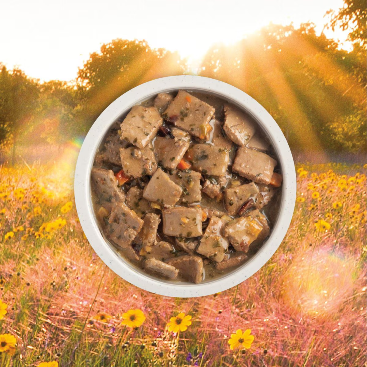 An appealing, close-up overhead shot of large chunks of duck and vegetables in a broth, served in a white bowl. The bowl is set in a sunlit field of grass and yellow flowers.