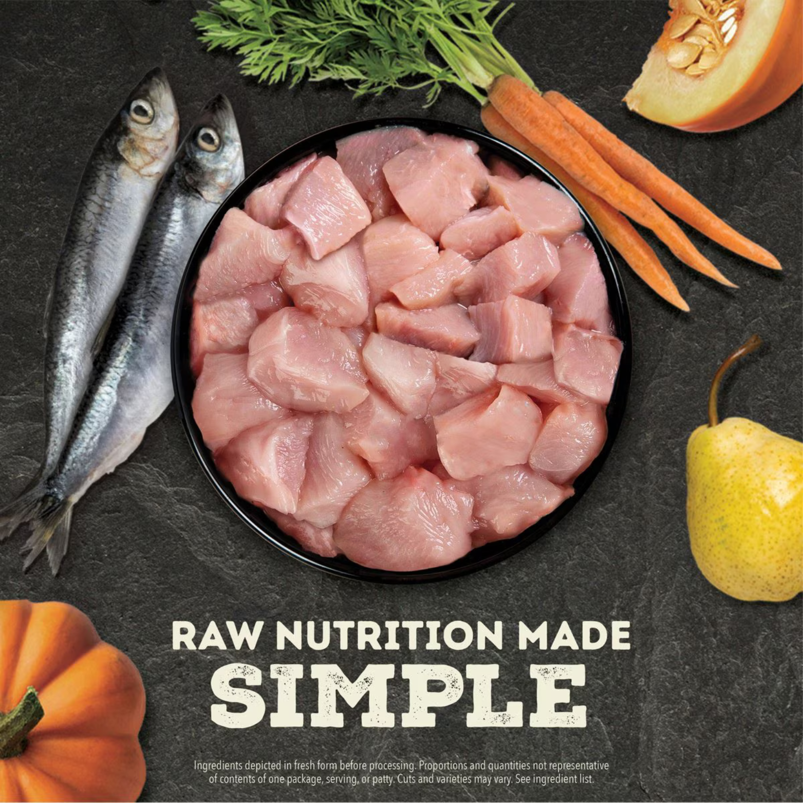 Raw turkey chunks in a black bowl surrounded by carrots, pumpkin, herring, and a pear, with the text 'Raw Nutrition Made Simple.'