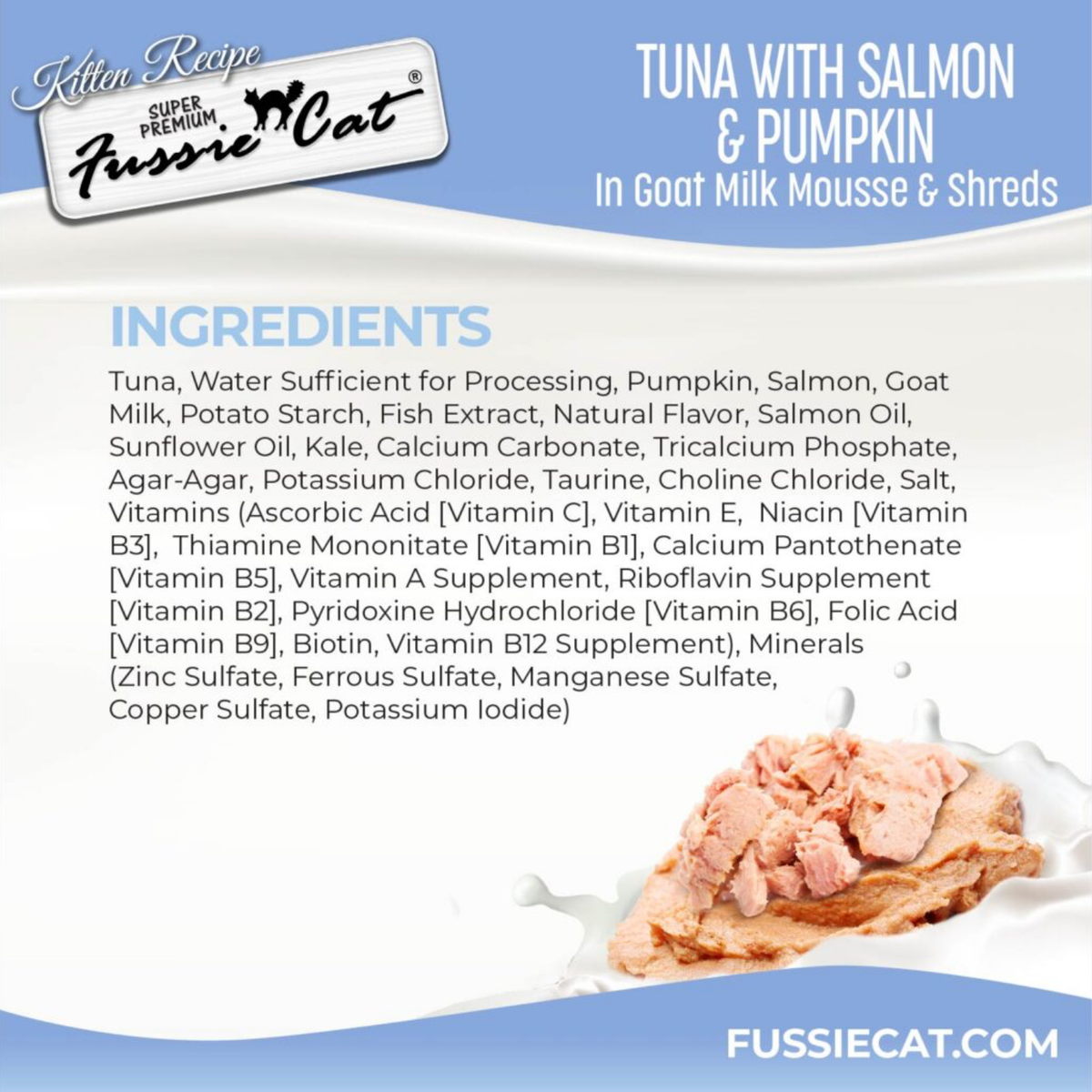 Fussie Cat Kitten Tuna & Salmon with Pumpkin in Goat Milk Mousse & Shreds, 1.5-oz Pouch