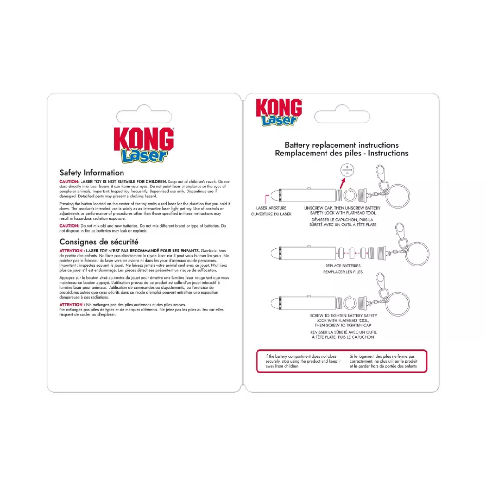 Instruction insert for KONG Laser cat toy showing safety information on the left and illustrated battery replacement steps on the right, including unscrewing the cap, replacing batteries, and securing the safety lock.
