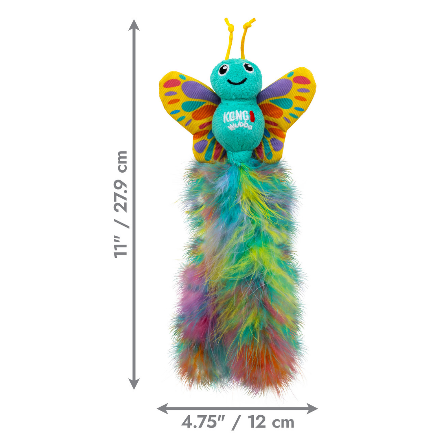 KONG Wubba Butterfly catnip cat toy displayed on a white background with size measurements. The toy measures approximately 11 inches tall and 4.75 inches wide, with a plush butterfly top and long feather tail.