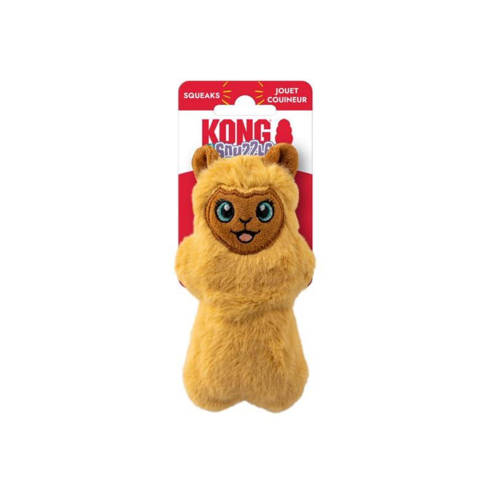 Plush yellow llama dog toy displayed upright in retail packaging labeled “KONG Snuzzles,” showing the toy centered against a white background.