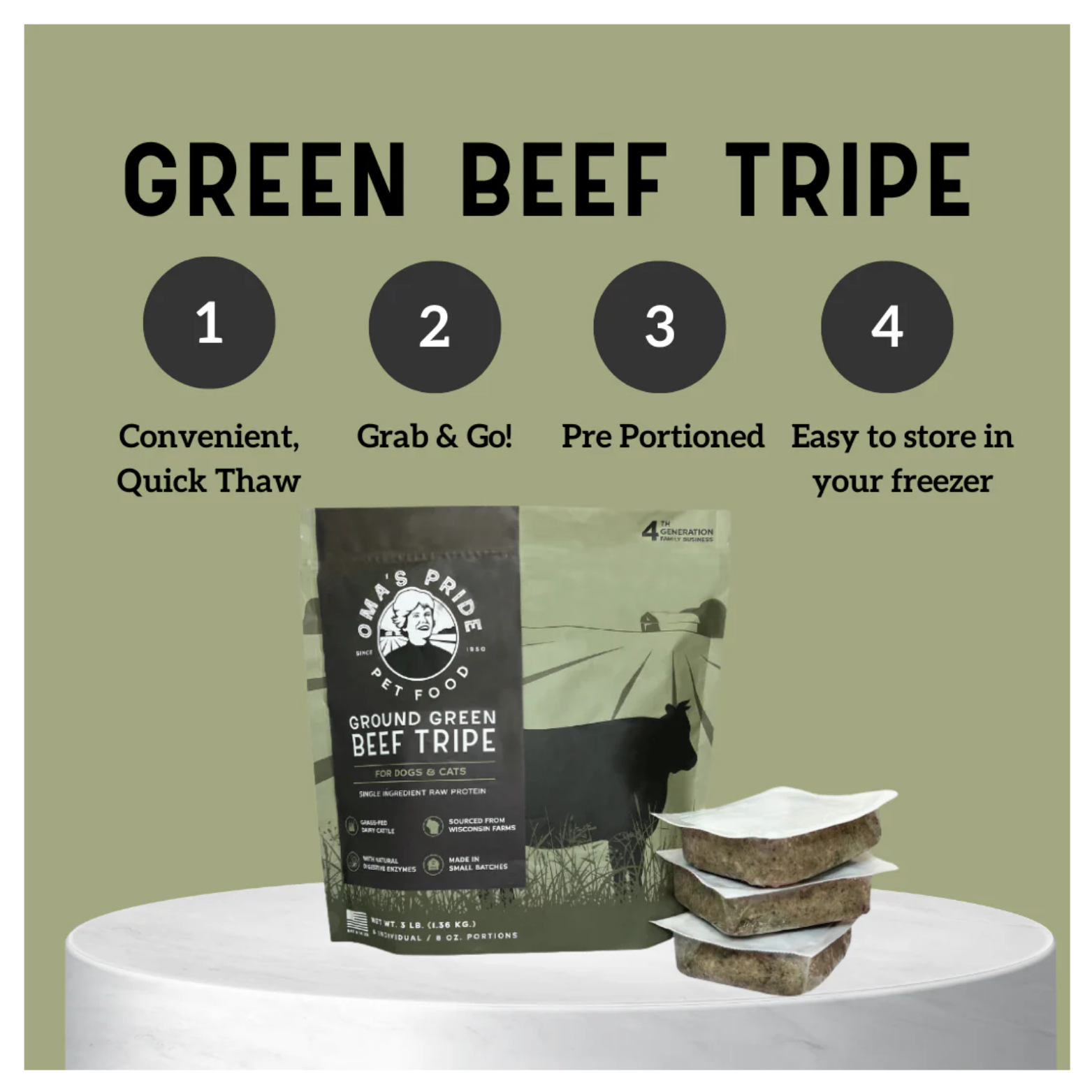 A promotional graphic with the heading “Green Beef Tripe” and four numbered benefits—convenient quick thaw, grab and go, pre-portioned, and easy freezer storage—displayed above a product bag and stacked frozen portions on a pedestal against a green background.