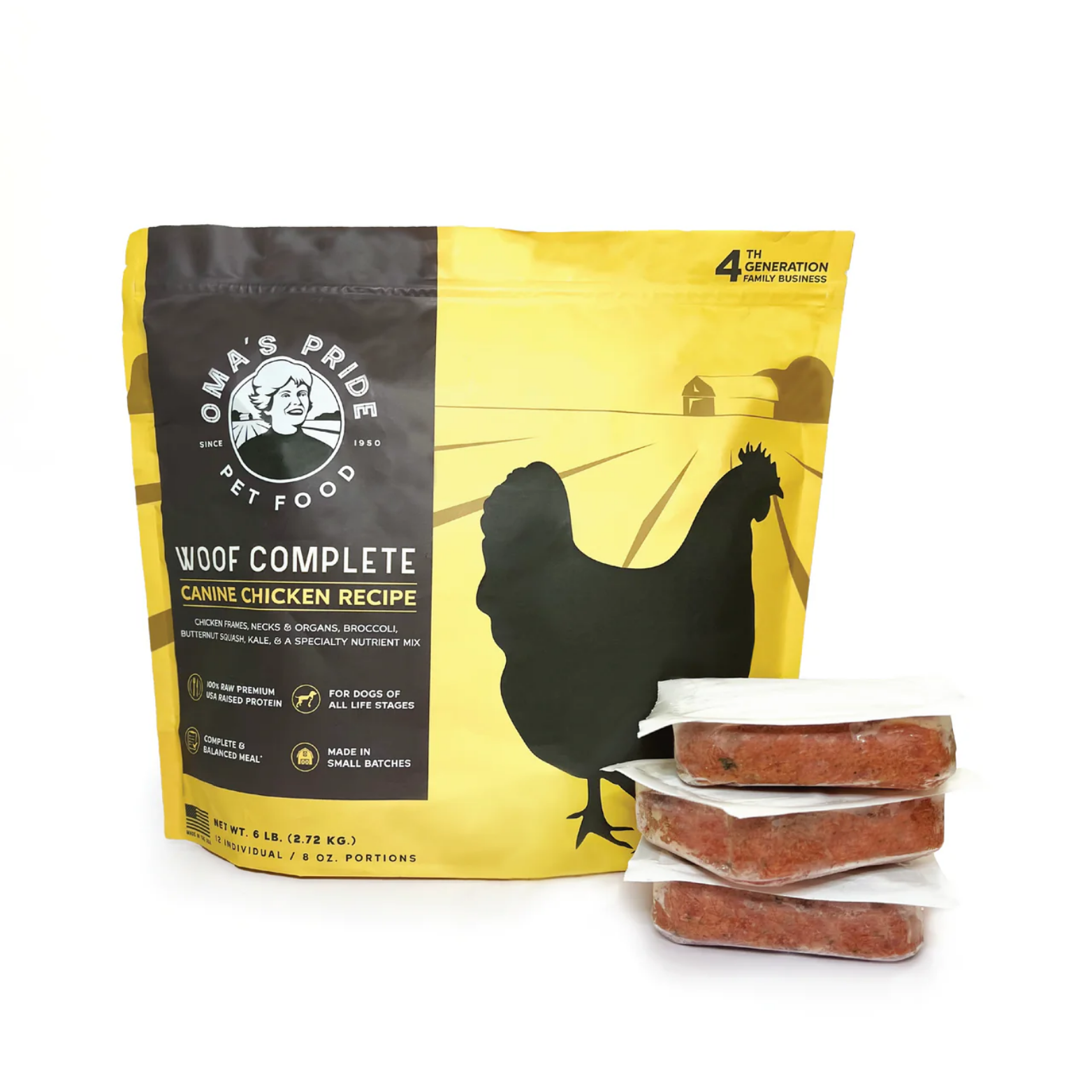 A yellow and black retail bag of Oma’s Pride Woof Complete Canine Chicken Recipe with stacked frozen portion packs in front.