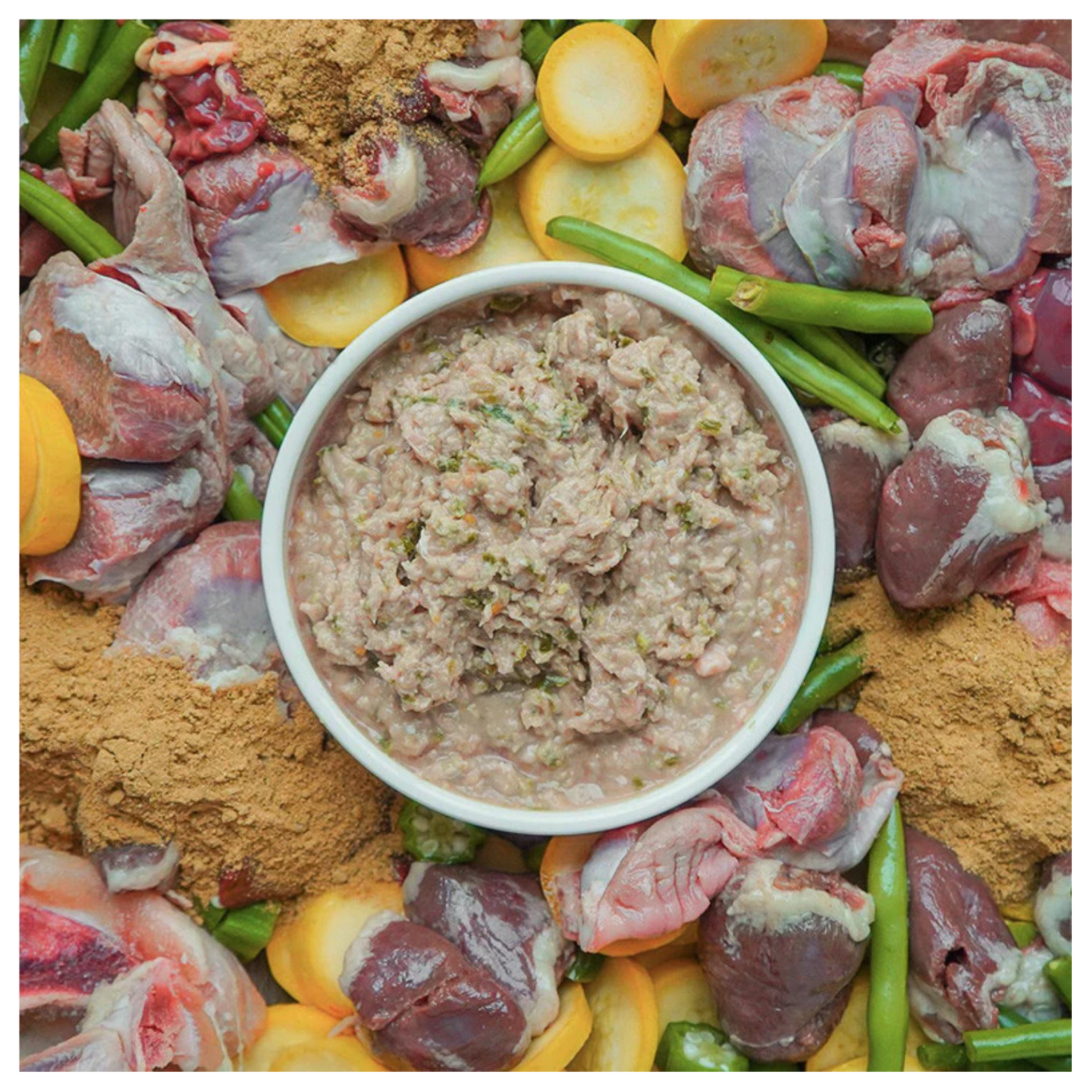 Bowl of ground raw turkey dog food surrounded by raw turkey parts, green beans, yellow squash slices, and powdered nutrient mix arranged on a flat surface.
