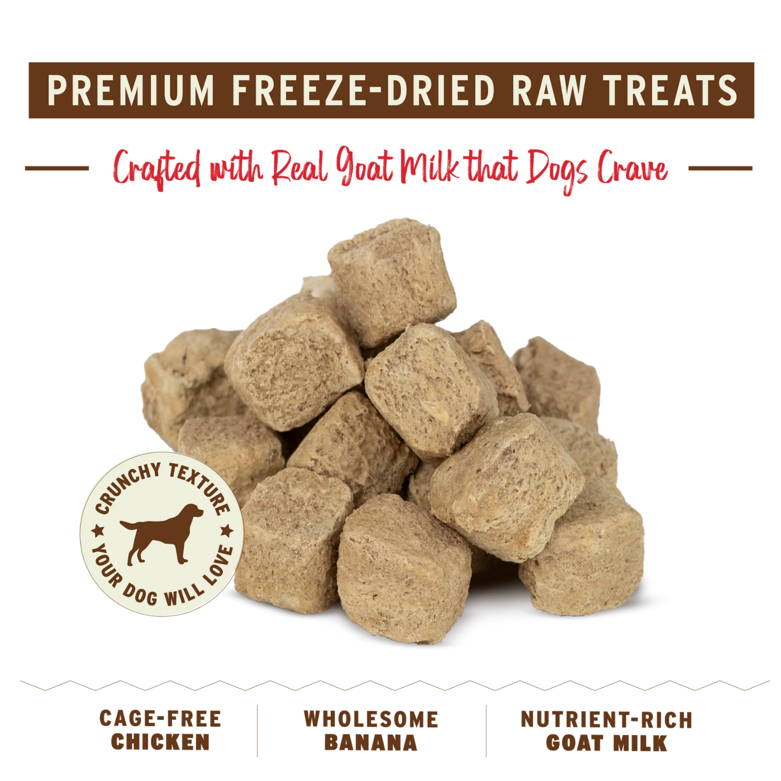 A high-resolution close-up showing a pile of the "Peelin' Fantastic!" treats. The treats are small, light-brown, bite-sized cubes with a visible porous, crunchy texture from the freeze-drying process. The background is black with the product's key marketing phrases at the top and bottom, emphasizing the chicken, banana, and goat milk ingredients.