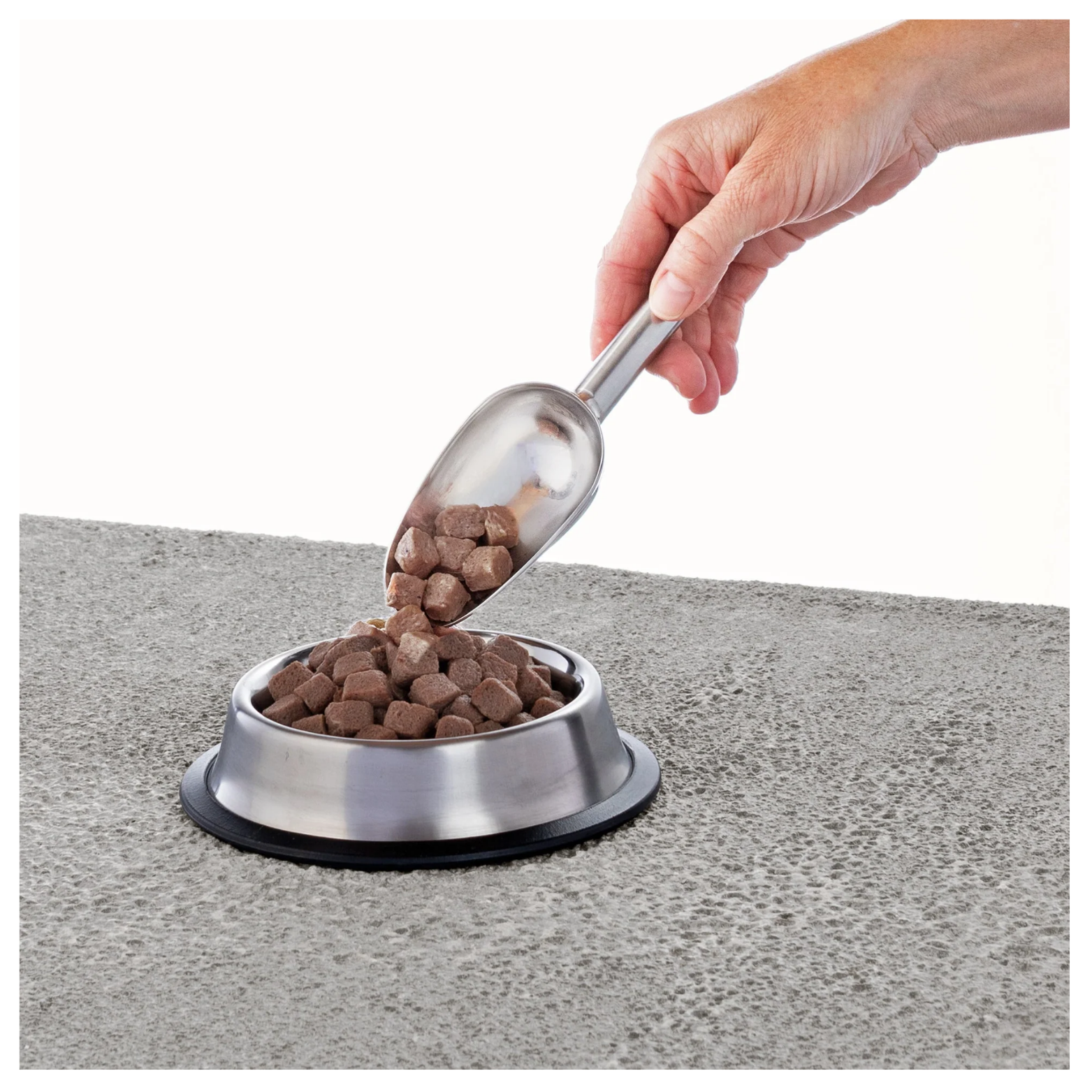 A hand uses a metal scoop to pour small cube-shaped frozen raw cat food pieces into a stainless steel pet bowl on a textured gray surface. The background is plain white, emphasizing the serving action.