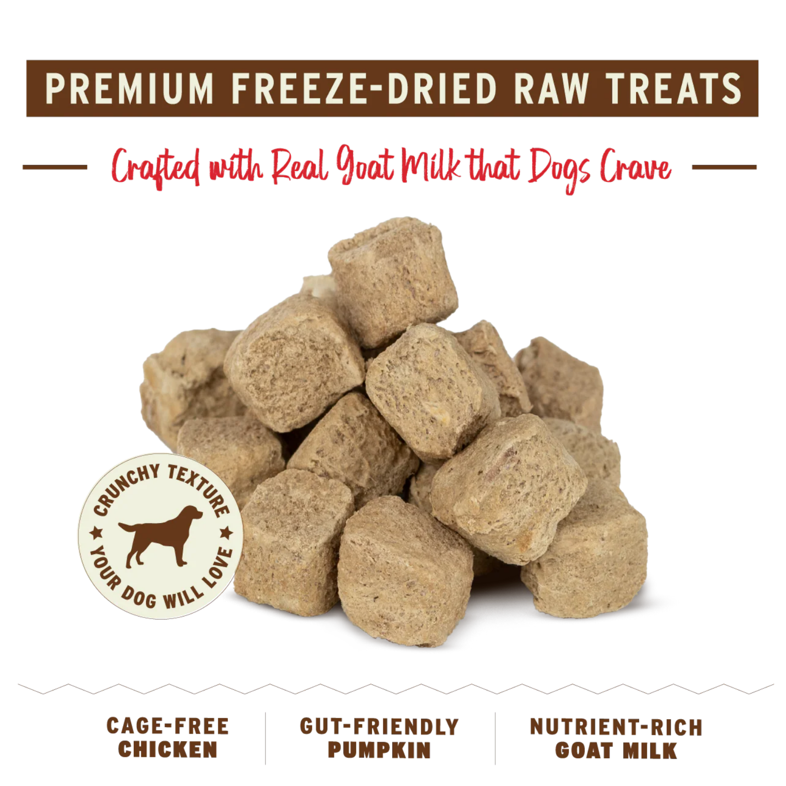 A close-up, high-resolution shot of a pile of the freeze-dried treats against a black background. The treats are small, light-brown, porous cubes with a rough, crunchy texture. Superimposed text at the bottom reinforces the primary ingredients: Cage-Free Chicken, Gut-Friendly Pumpkin, and Nutrient-Rich Goat Milk.