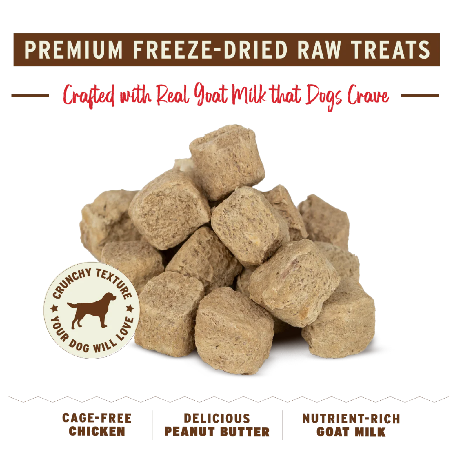Close-up pile of small cube-shaped freeze-dried dog treats against a black background with text reading “Premium Freeze-Dried Raw Treats” and “Crafted with Real Goat Milk that Dogs Crave.” Icons highlight crunchy texture and ingredients: cage-free chicken, peanut butter, and goat milk.