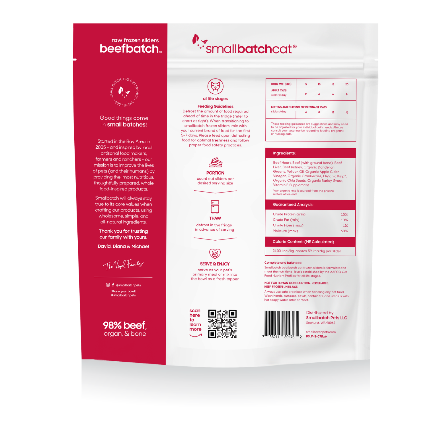 Back view of Smallbatchcat frozen beefbatch raw cat food bag showing feeding guidelines, ingredients, guaranteed analysis, and barcode.