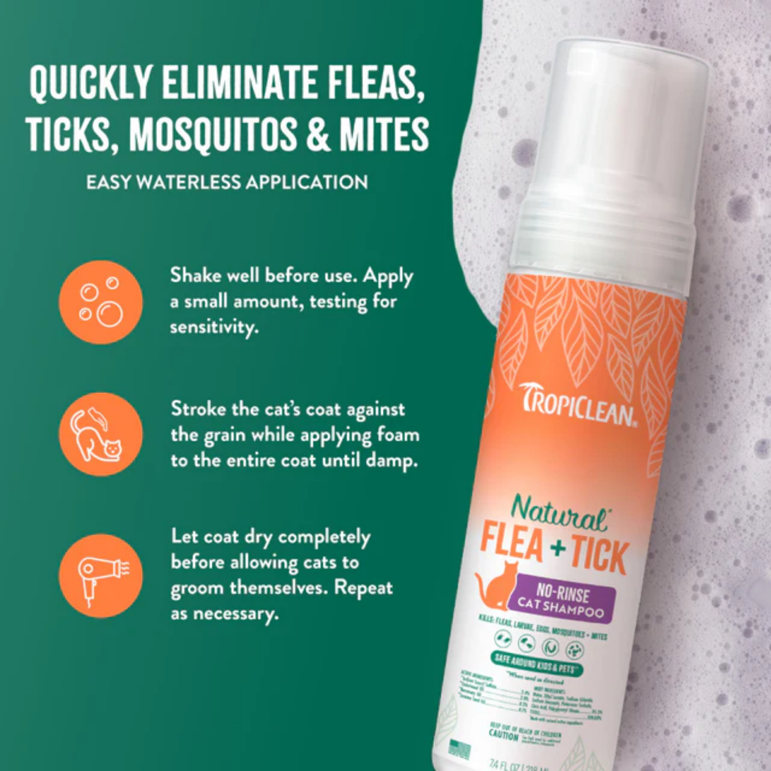 TropiClean Cat Natural Flea & Tick Waterless Shampoo 7.4oz