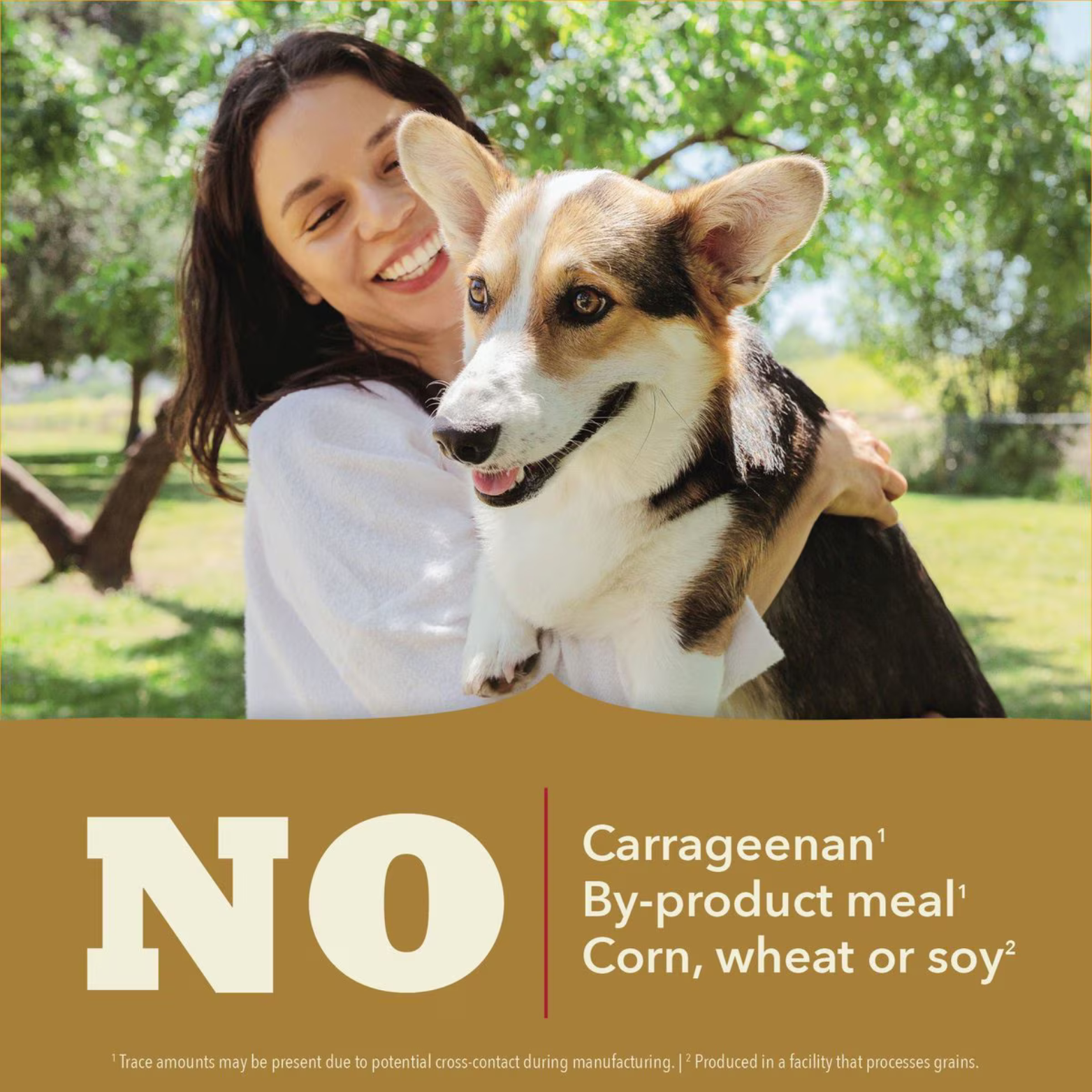 Photo of a person holding a dog outdoors above text stating “No carrageenan, by-product meal, corn, wheat or soy.”